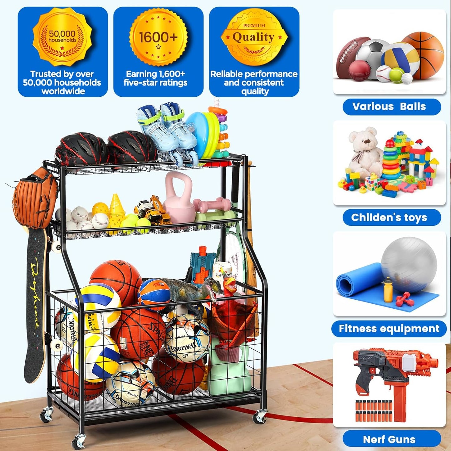 Kinghouse Sport Equipment Organizer for Garage, Steel Basketball Rack with Baseball Bat Holder and Hooks, Easy Assembly Storage for Balls, Kids' Toys, and Workout Gear in Basement, Home Gym, Outdoor