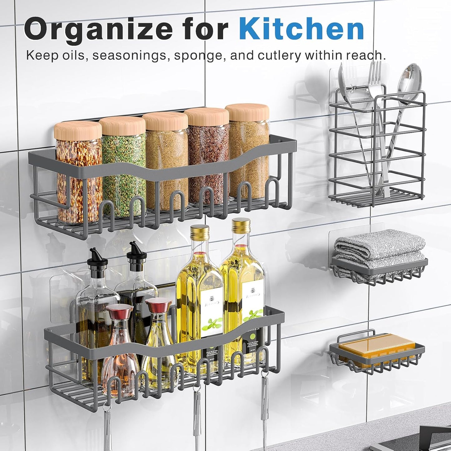 EUDELE 5-Pack Rustproof Stainless Steel Shower Caddy Set– No Drill Adhesive Bathroom Organizer, Space-Saving Shower Shelves for Apartment Essentials, Bathroom/Kitchen Storage Home Decor-L Size
