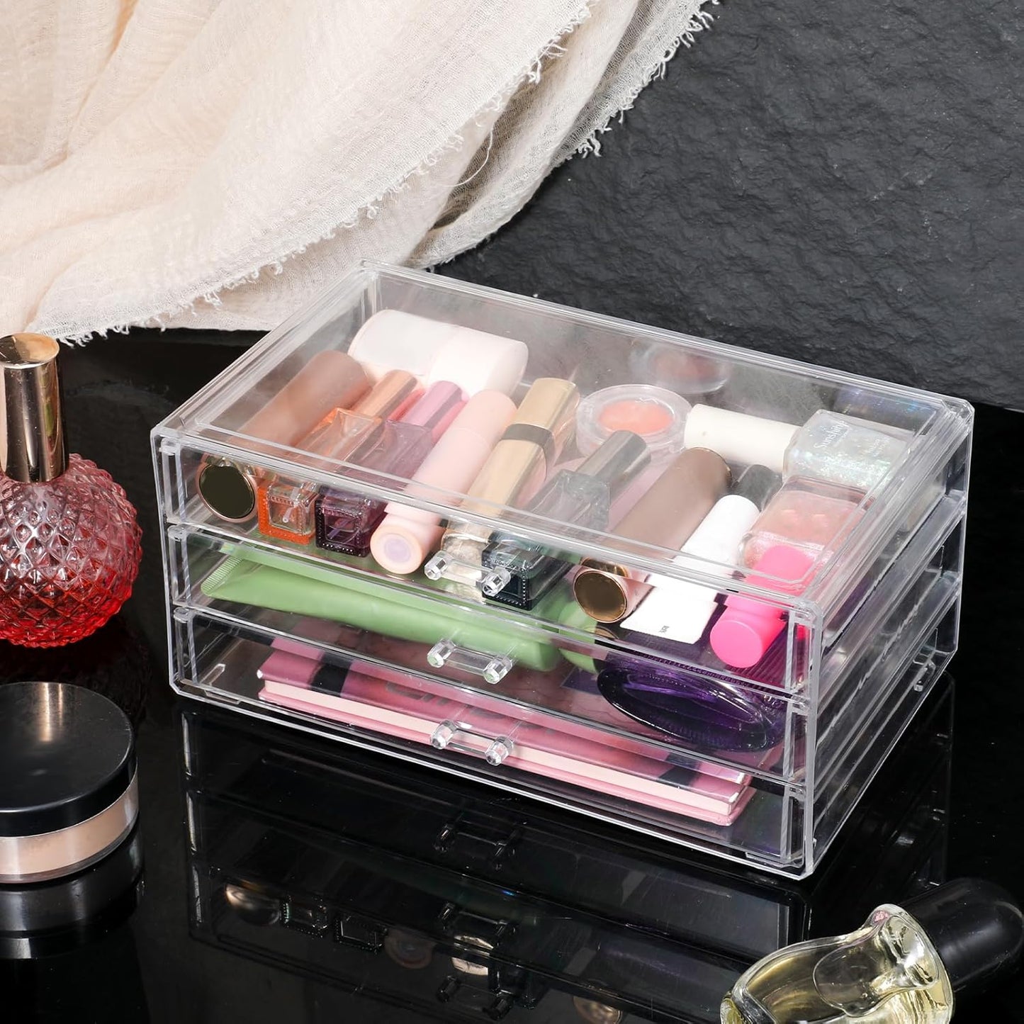 Acrylic Drawers Stackable, 9.3 X 5.3 X 4 Inch Stackable Makeup Organizer Acrylic 3 Drawer Storage Organizers Clear Stationery Organizer for Dresser, Bathroom, Vanity, Countertop