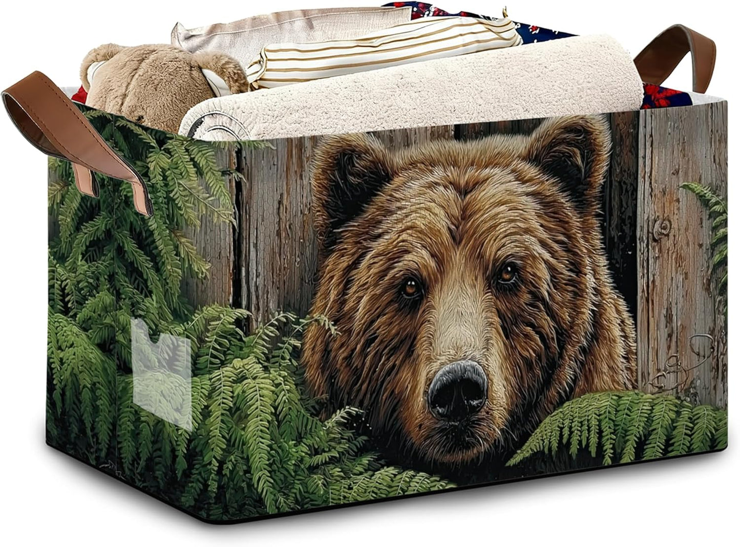 Vintage Bear Wooden Storage Baskets,Ferns Plants Foldable Large Capacity Organizer Bins with Waterproof Lining and Leather Handles for Closet, Shelf, Bedroom 17x11.5x10Inch