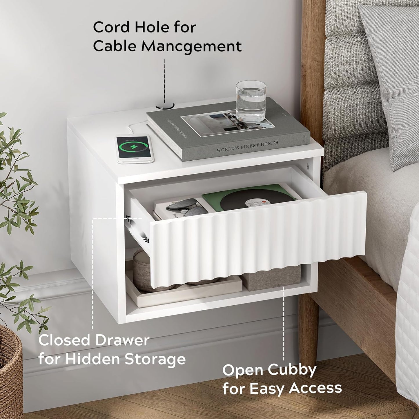 Small Floating Nightstand with Drawer, Modern Night Stand with Fluted Door and Open Storage Shelf Wall Mounted Bedside Table for Bedroom, Entryway White