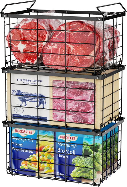 iSPECLE Freezer Organizer Bins - 3 Pack Large Deep Freezer Organizer Bins for 5 to 7 Cu.Ft Chest Freezer, Stackable Easy Access Food No More Digging, Sturdy Metal Wire Basket Not Scratch Bottom, Black
