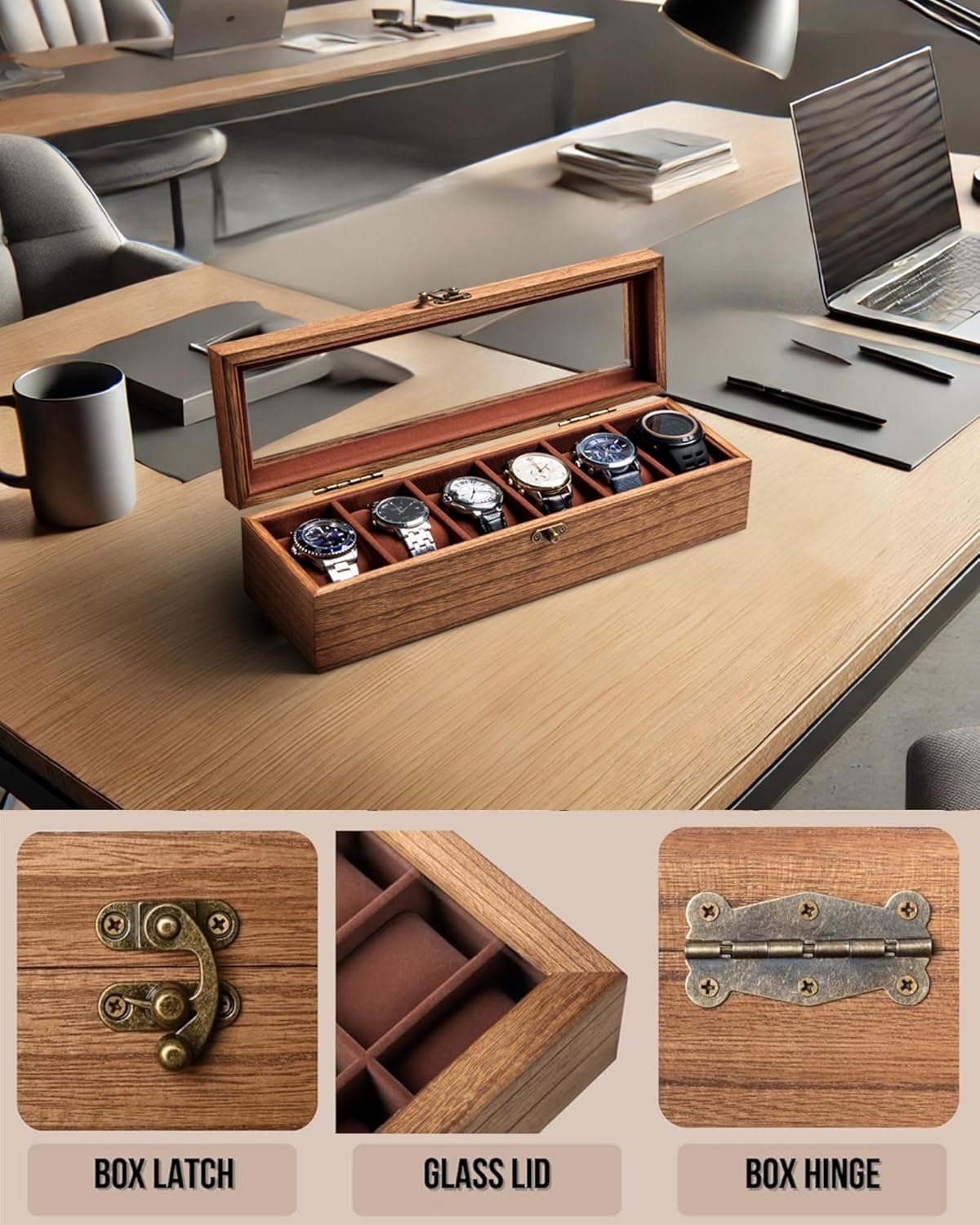 Watch Box for Men and Women - Large Glass Lid, Wooden Display Storage Case With 6 Slots, Retro Burlywood Organizer
