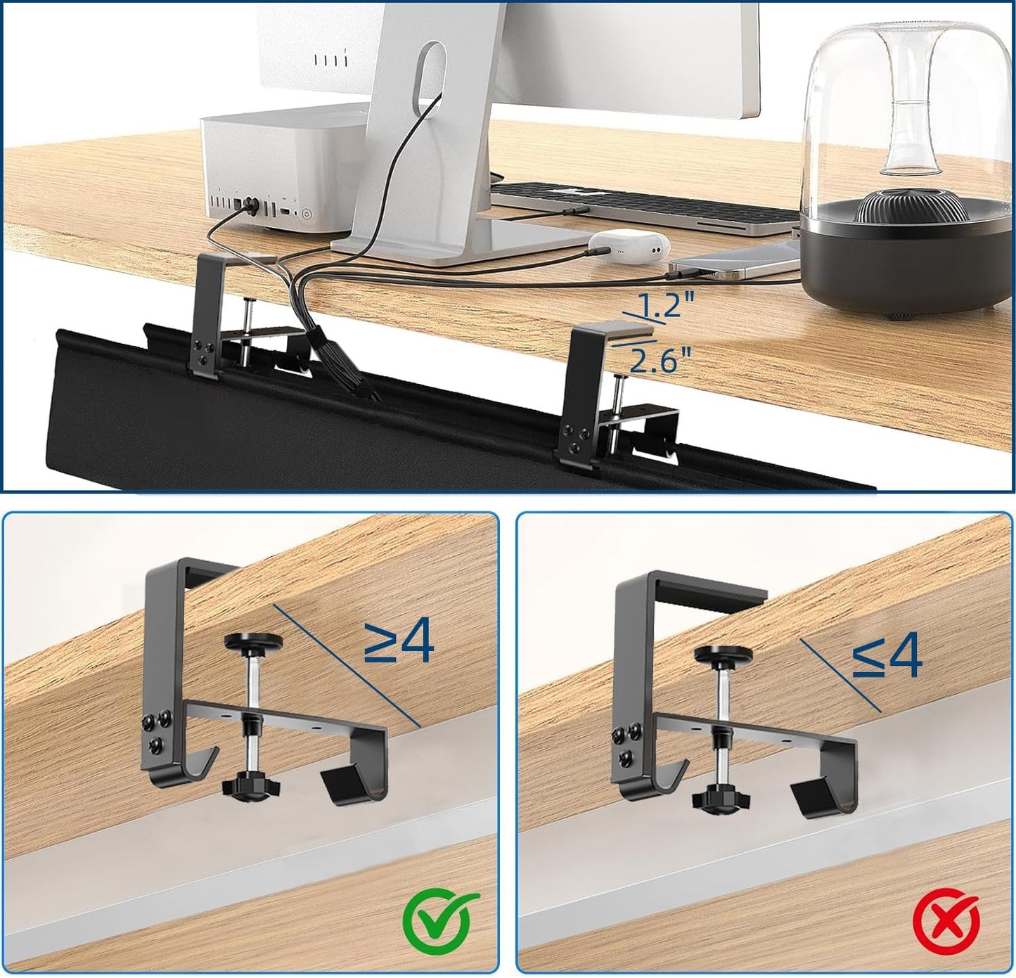 No Drill Under Desk Cable Management Tray, 28" Fabric Cord Hider for Wire Organizer, Clamp/Screw Mount Desk Cable Management, Cable Raceways Tray Cord Hiders for Office/Home