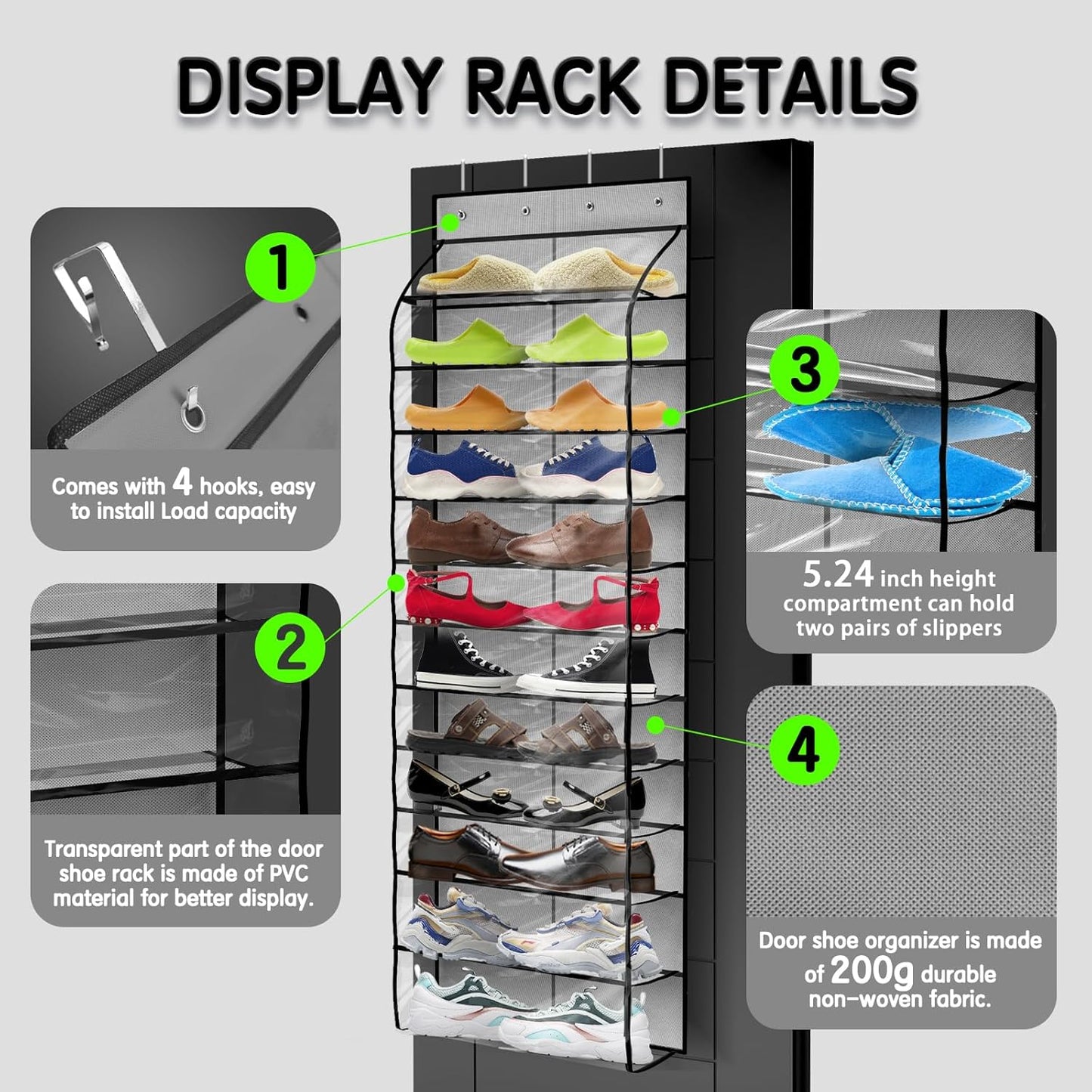 Over The Door Shoe Organizer with 12 Large Breathable Pockets - Sturdy Hanging Storage for Shoes of All Ages - Gray