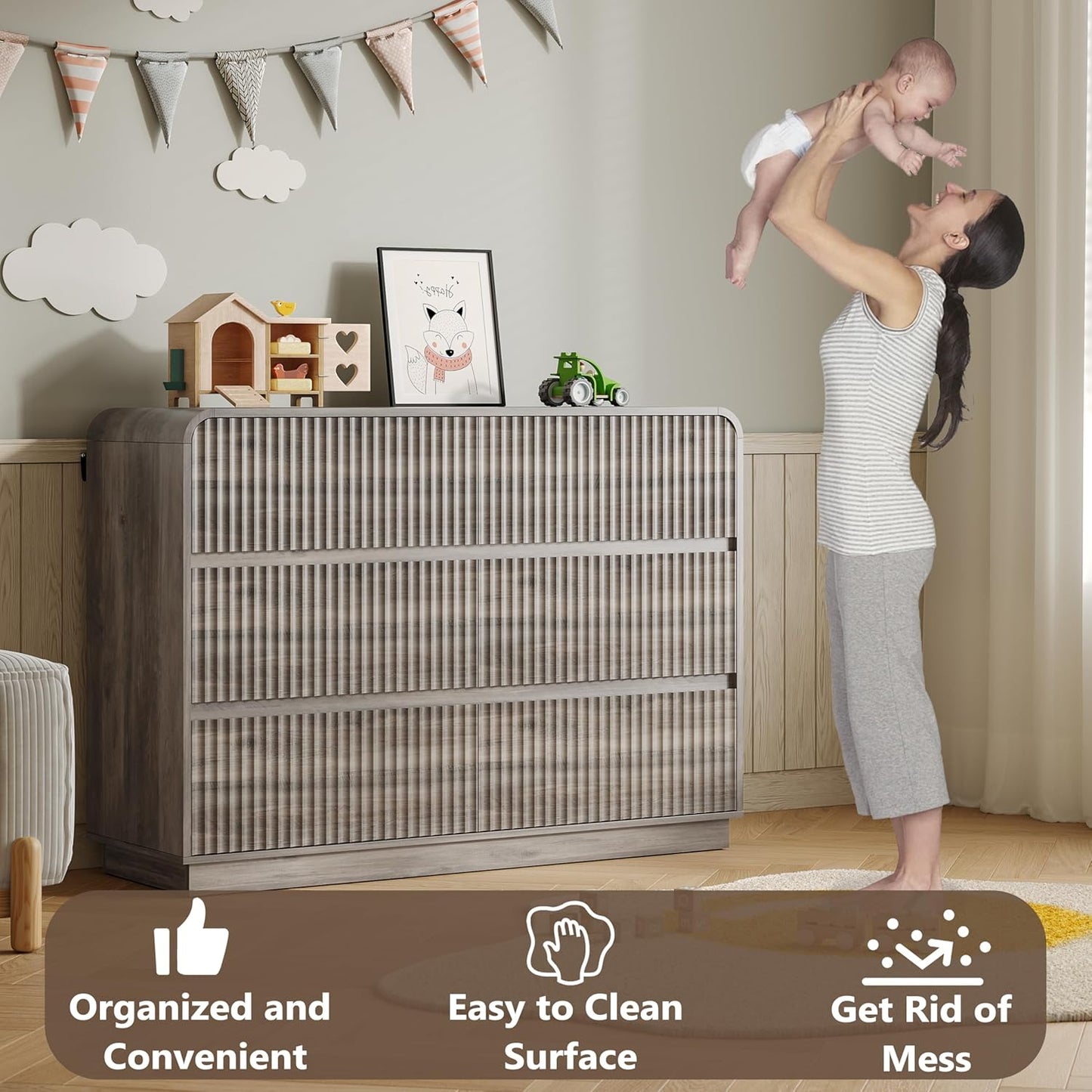 Dresser for Bedroom with 6 Drawers, Fluted Chest of Drawers with Round Curved Corner, Hidden Handles, Modern Wood Storage Organizer for Bedroom, Nursery, Living Room