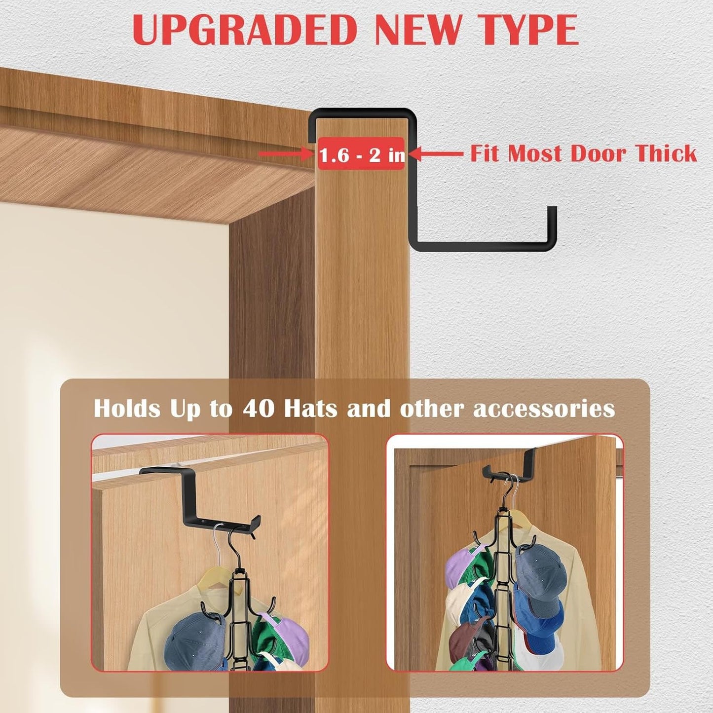 Hat Rack for Door, Collapsible Over The Door Hat Organizer with 10 Large Hooks, Holds 40 Baseball Caps, Rotatable Metal Space Saving Caps Hanger for Display and Storage, Black