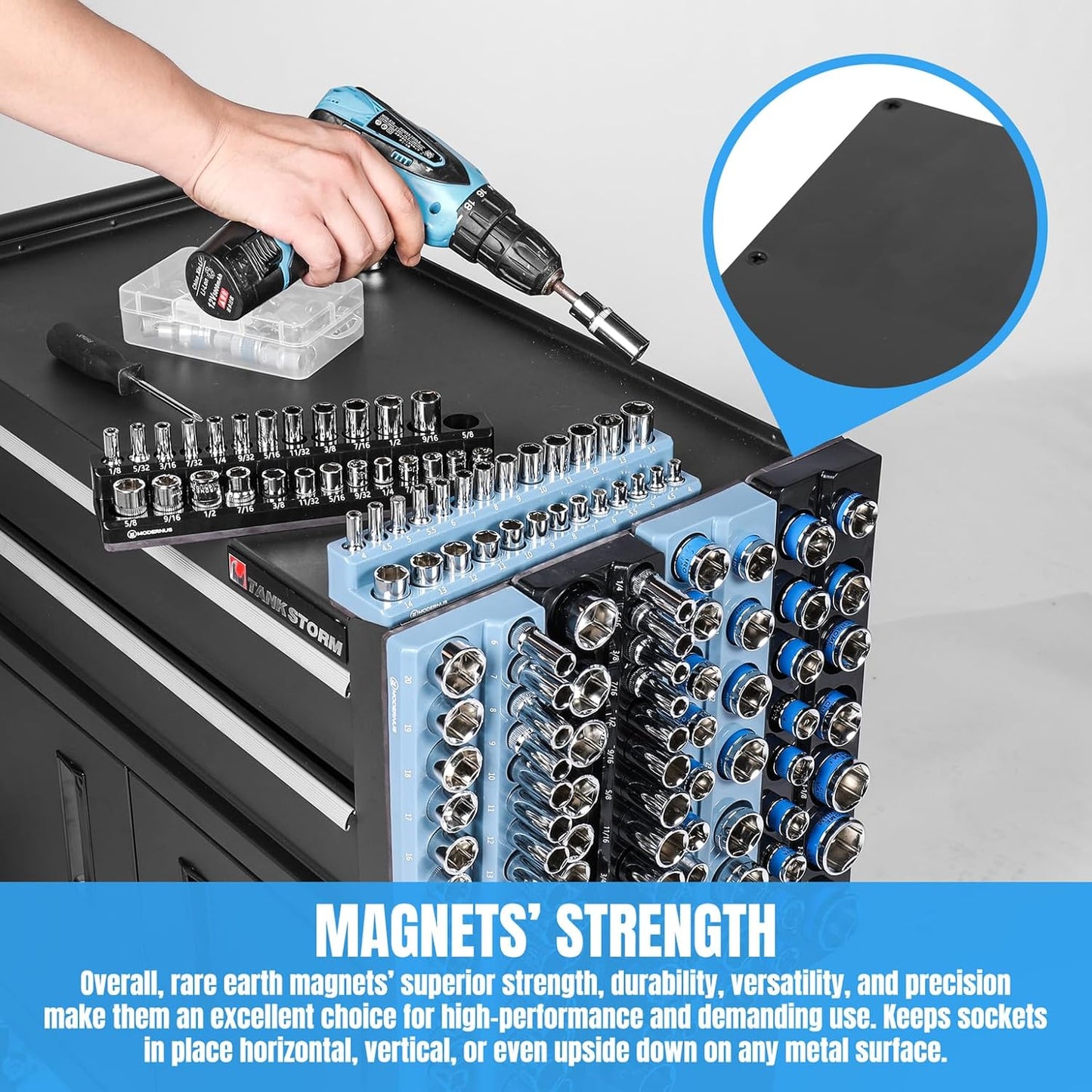 Magnetic Socket Organizer - 6-Piece Tool Storage for SAE & Metric Drive Sockets - Clear Size Markings, Deep Slots, Powerful Magnet - Holds 143 Pieces - (Sockets Not Included)