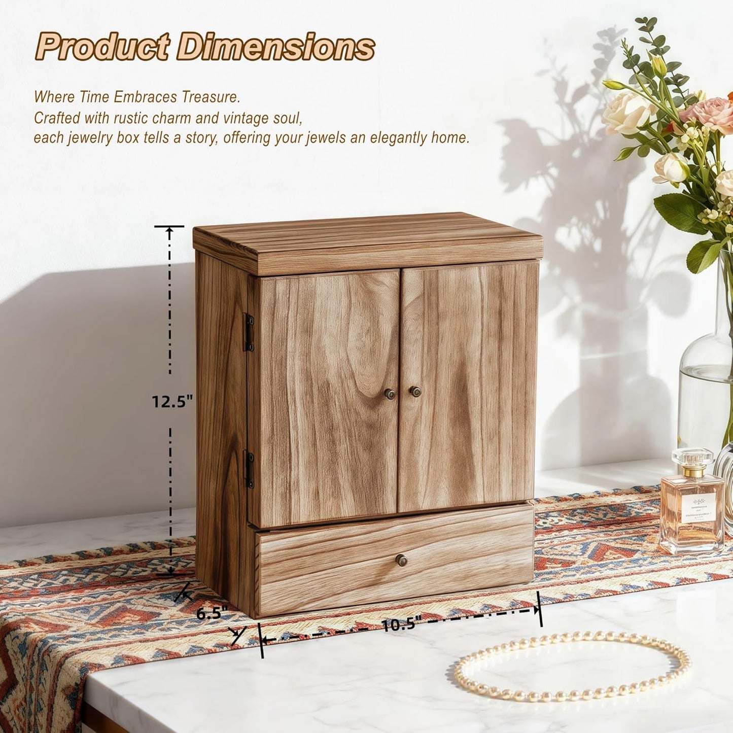 Emfogo Wooden Jewelry Box for Women, 6-Tier Large Jewelry Organizer Boxes with Mirror Rustic Solid Wood jewlery Storage Display for Rings Earrings Necklaces Bracelets watches(Carbonized Black)
