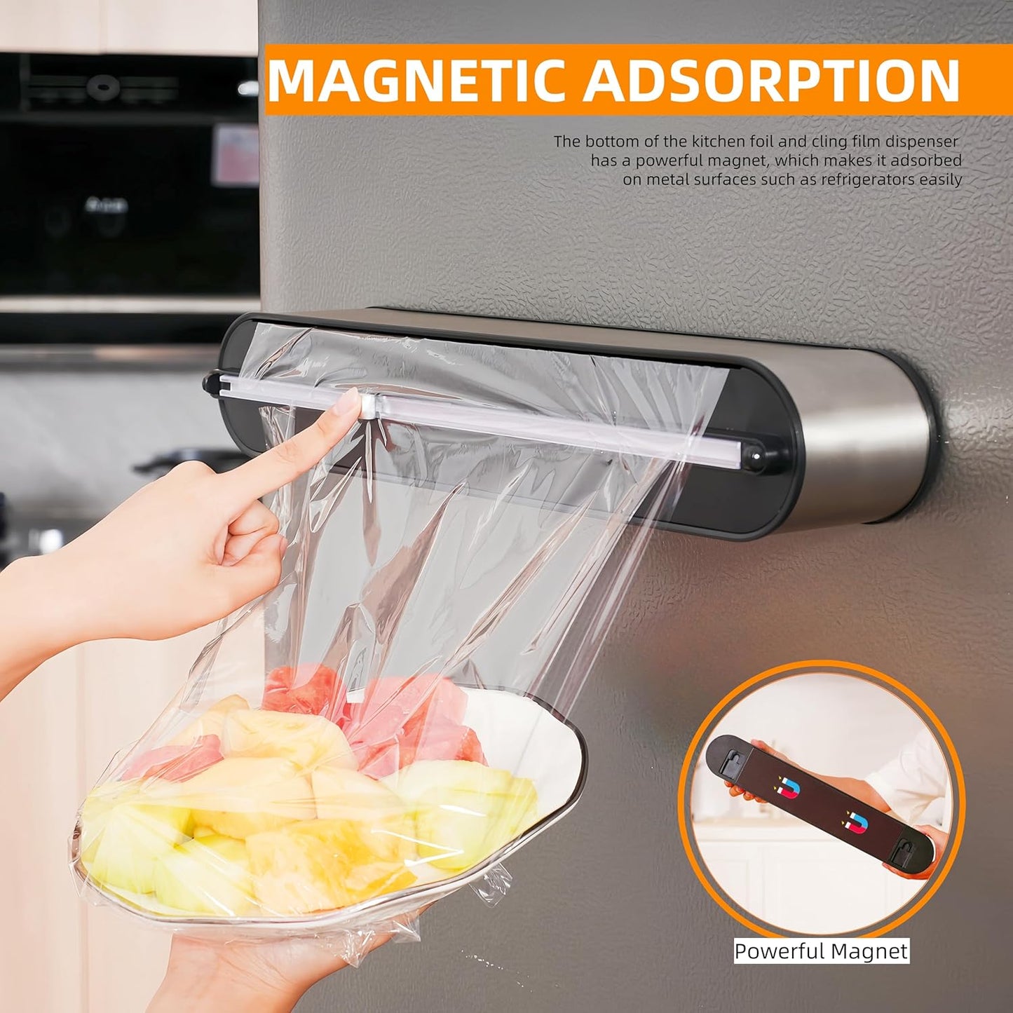 Aluminum Foil & Plastic Wrap Dispenser with Cutter - Magnetic & No-Drill Wall Mount, Stainless Steel Design, Space-Saving Kitchen organizer for Countertops & Cabinets - Fits 12" Rolls, Silver