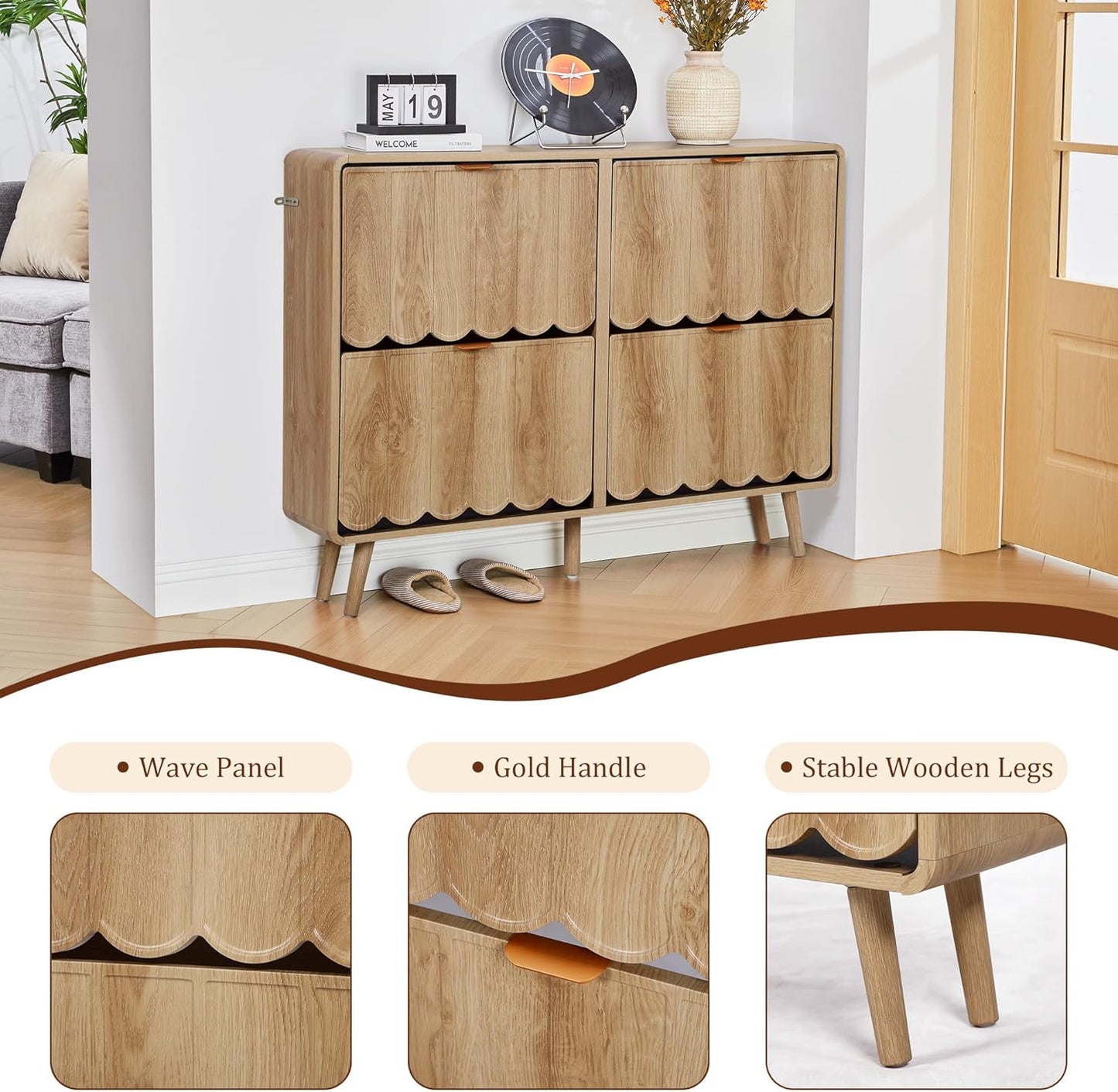 ORRD Shoe Storage Cabinet for Entryway with 4 Flip Drawers, Freestanding Narrow Wood Shoe Cabinet with Wave Panel, Hidden Shoe Organizer for Foyer, Hallway (Natural)