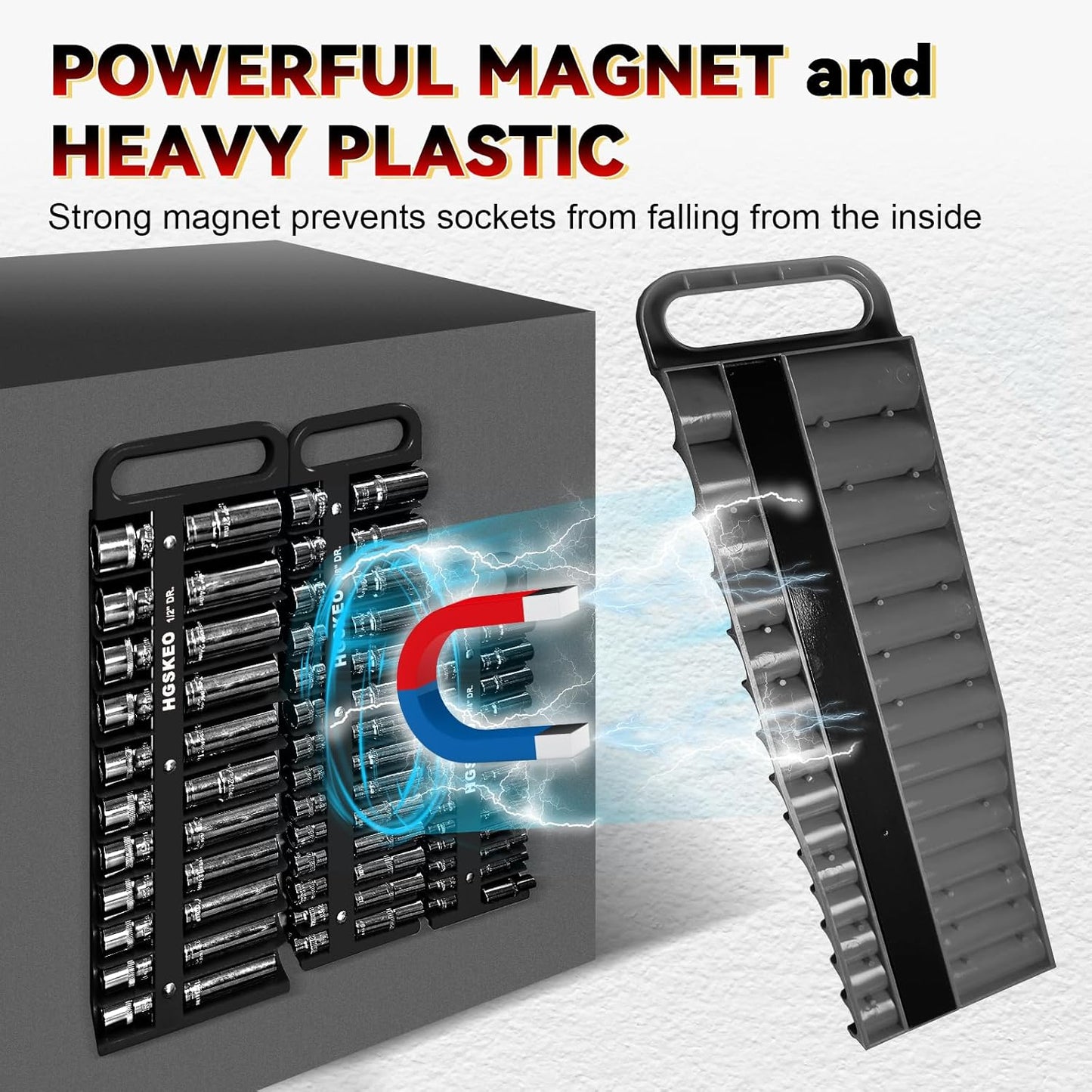 Magnetic Socket Holder Set with Handle, Portable Socket Organizer, Heavy Duty Socket Racks, 76 standard Sockets for Tool Box (Black, 3 Pcs Set-1/4", 3/8" & 1/2")