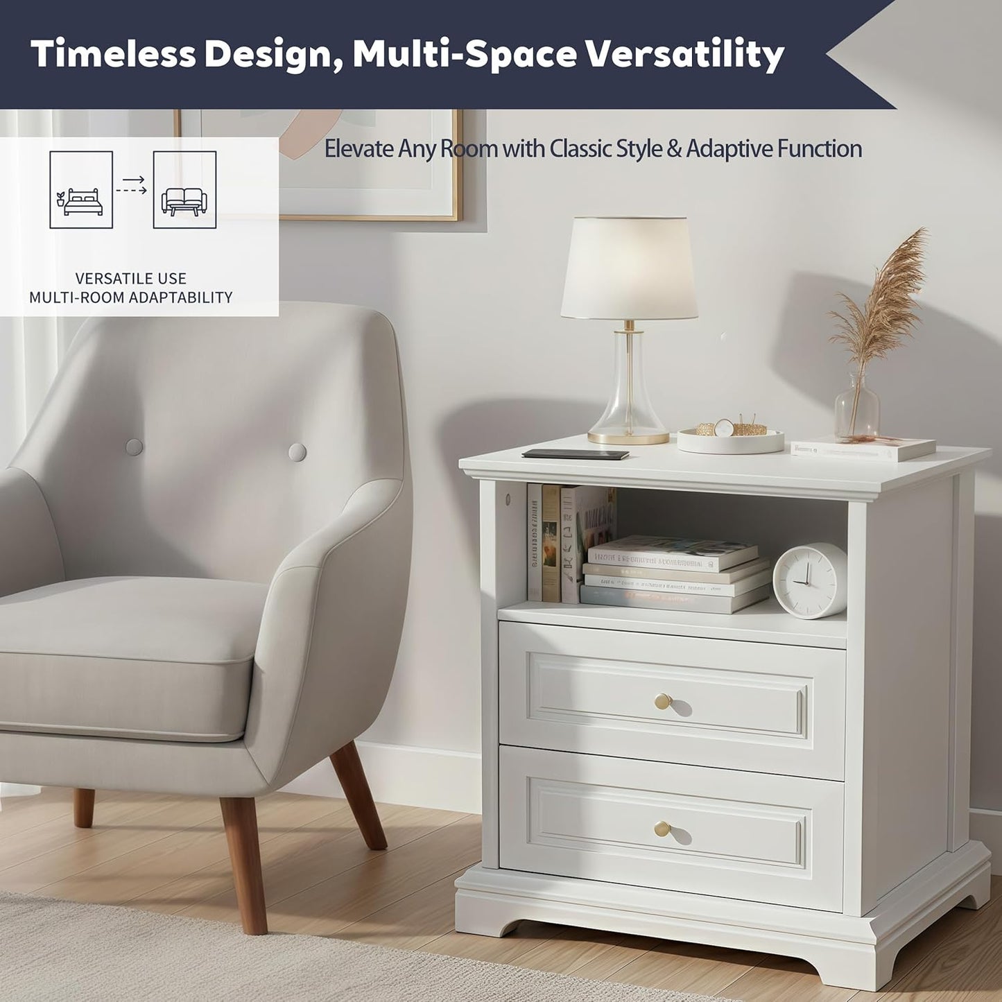 White Nightstand with 2 Drawers & Open Shelf, 21.2"x16.5"x24.0" Bedside Table with Gold Knobs, Modern End Table for Bedroom Living Room