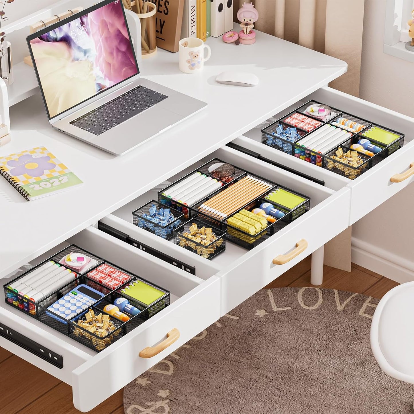 Marbrasse 3 Packs Desk Drawer Organizers, Metal Mesh Dividers Desk Drawer Organizer Tray with 9 Adjustable Compartments, Pen Organizer for Drawer Tray Box Accessories for Desktop,Kitchen, Makeup
