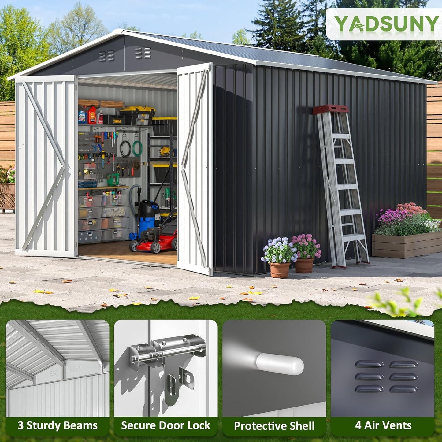 10x10 FT Outdoor Storage Shed, Metal Tool Garden Shed with Updated Frame Structure and Lockable Doors, Ideal for Backyard Garden Patio Lawn, Grey