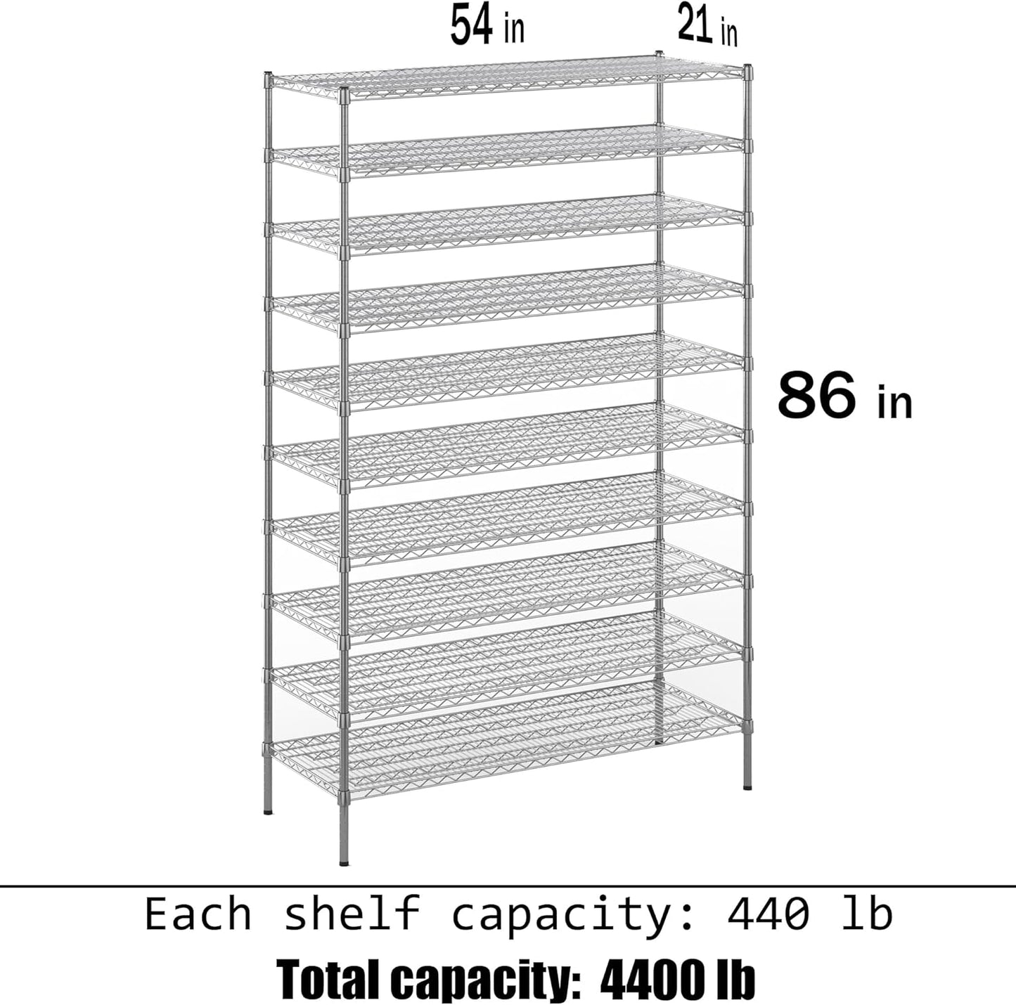 21" Deep x 54" Wide x 86" Height Wire Shelving Kit | 10-Tier | NSF Commercial Storage Rack Unit