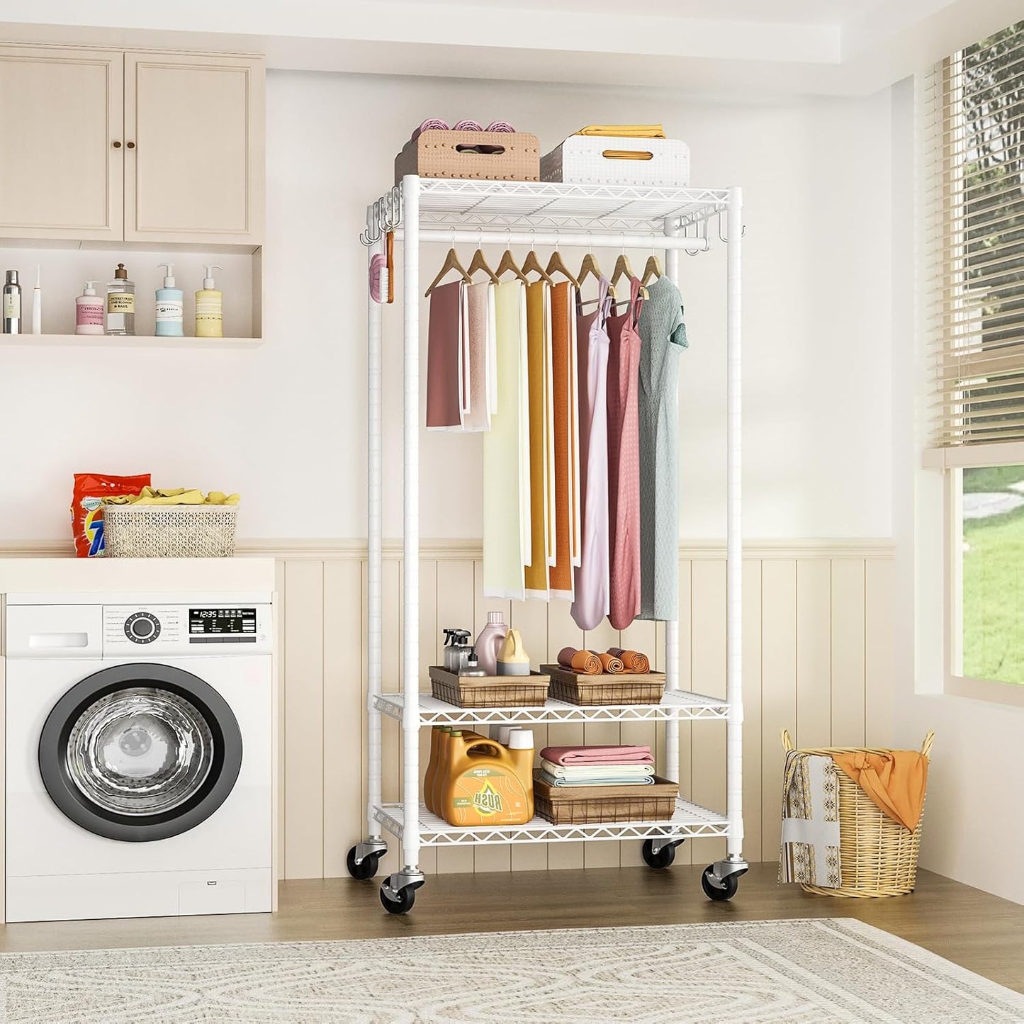 FUTASSI P6 Medium Rolling Clothes Rack Heavy Duty, Clothing Racks for Hanging Clothes, Freestanding Garment Rack with Wheels, Portable Closet Rack Max Load 370 LBS, 30''W x 14''D x 77.6''H, White