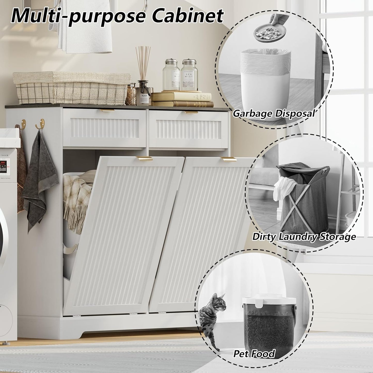 2x13 Gallons Double Tilt Out Trash Can Cabinet, Wooden Fluted Trash Garbage Can Cabinet with 2 Drawers, Hidden Laundry Hamper with Hooks for Kitchen Living Room, White