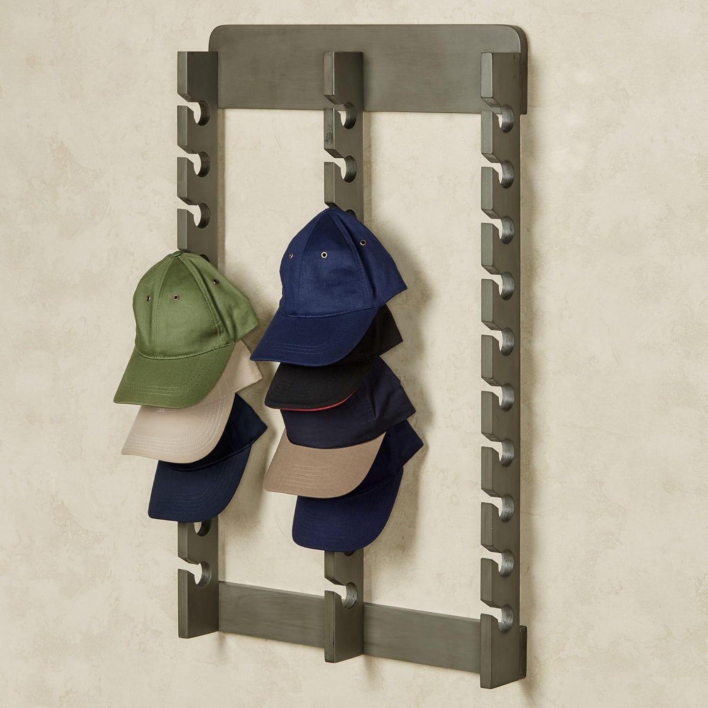 Touch of Class Wooden Ball Cap Display Wall Rack - Gray - Triple, 30 Slots - Baseball Hat Display - Made of Wood - Class Racks for Hats - Organizer for Bedroom, Living Room, Entryway