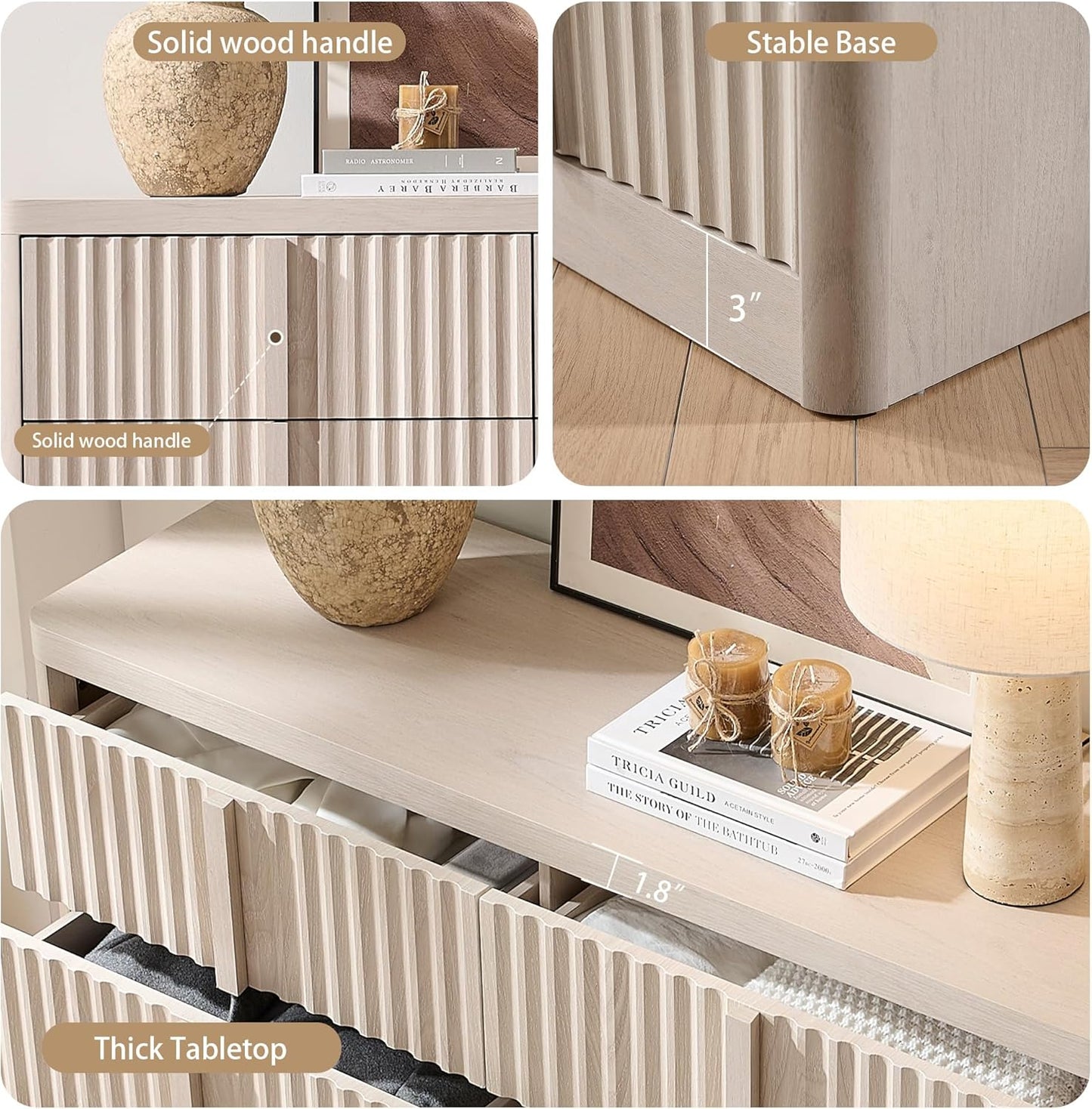 Fluted Dresser for Bedroom, 47" Wide 6 Drawer Dresser, Modern TV Stand Set, Curved Profile Design, Chest of Drawers with Solid Wood Handle for Living Room, Bedroom, Hallway