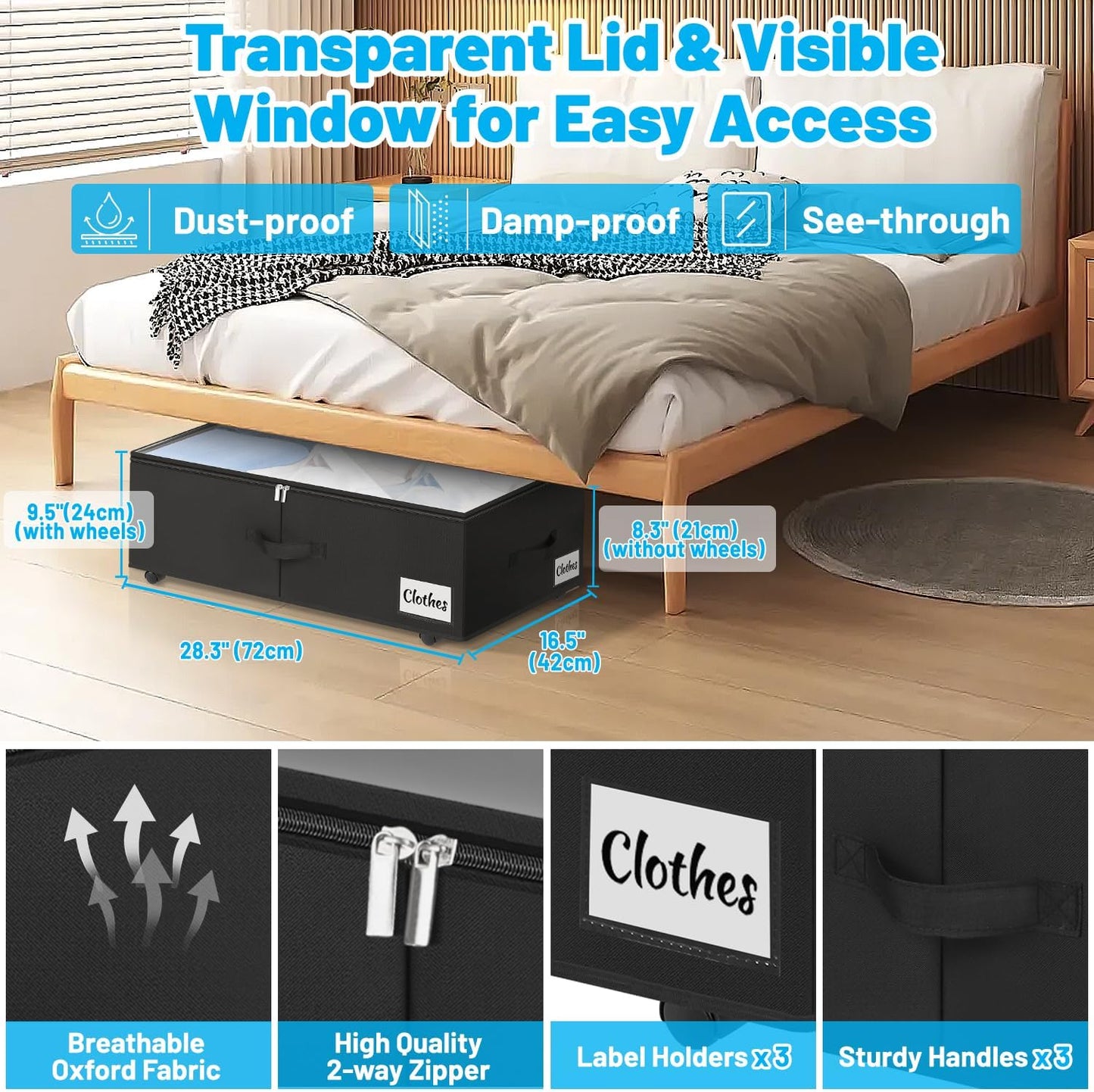 Under Bed Storage with Wheels, 2-Pack 10" Height XXL 60L Rolling Storage Bins, Quick Assembly Underbed Shoe Storage Containers with Clear Lid & Label, Dorm Under bed Drawers for Clothes, Shoes, Black