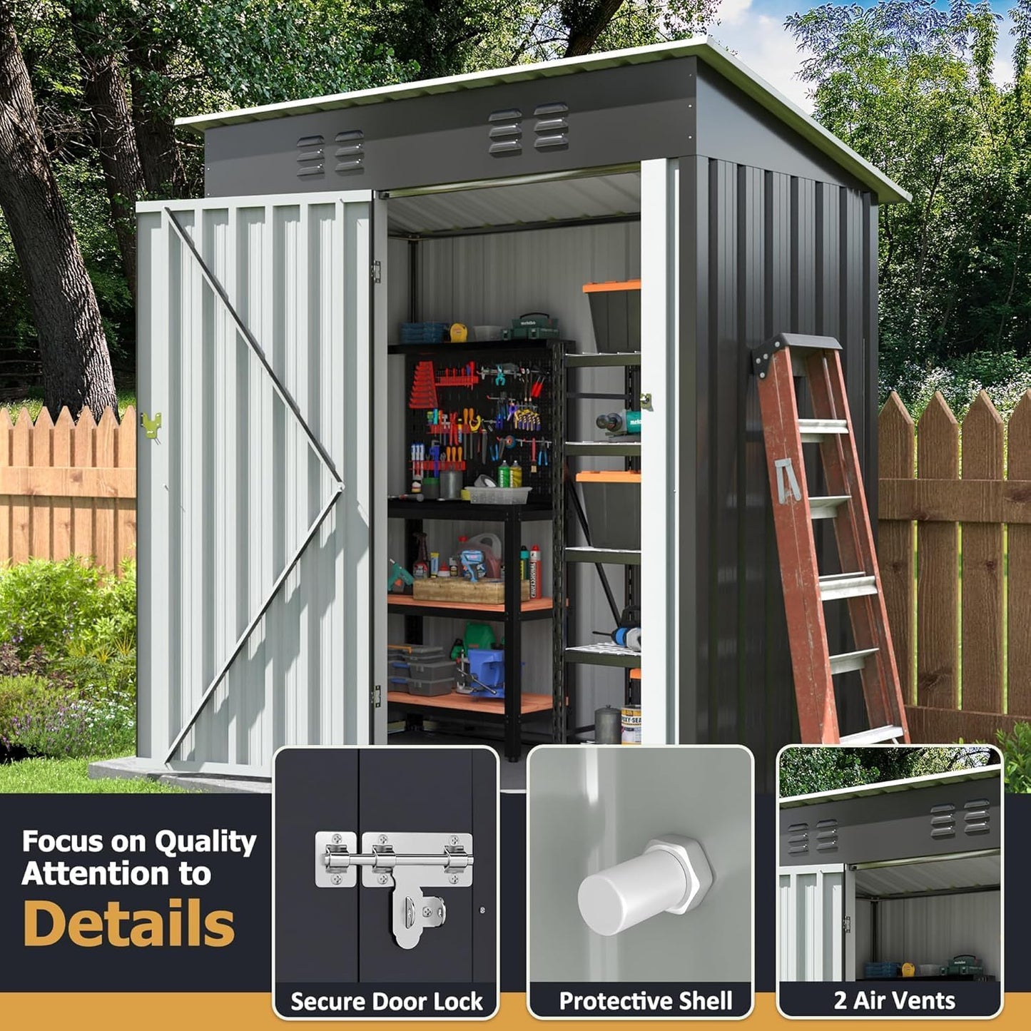 Polar Aurora Outdoor Storage Shed, Metal Garden Shed with with Updated Frame Structure, Tool Sheds for Backyard Garden Patio Lawn (Black, 5x3 FT)