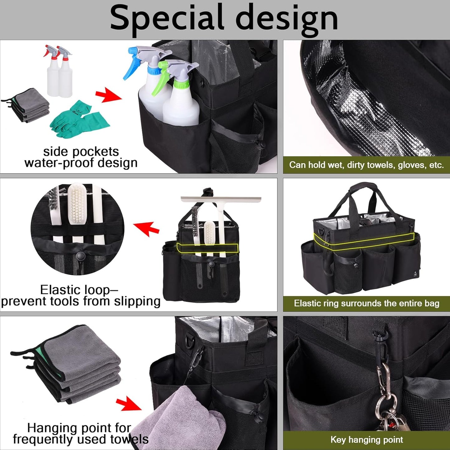 Large Wearable Cleaning Caddy Bag with Detachable Divider, Cleaning Organizer with Handles, Cleaning Supply Tote with Adjustable Shoulder Strap&Waist Belt for Cleaners & Housekeeper (Black)