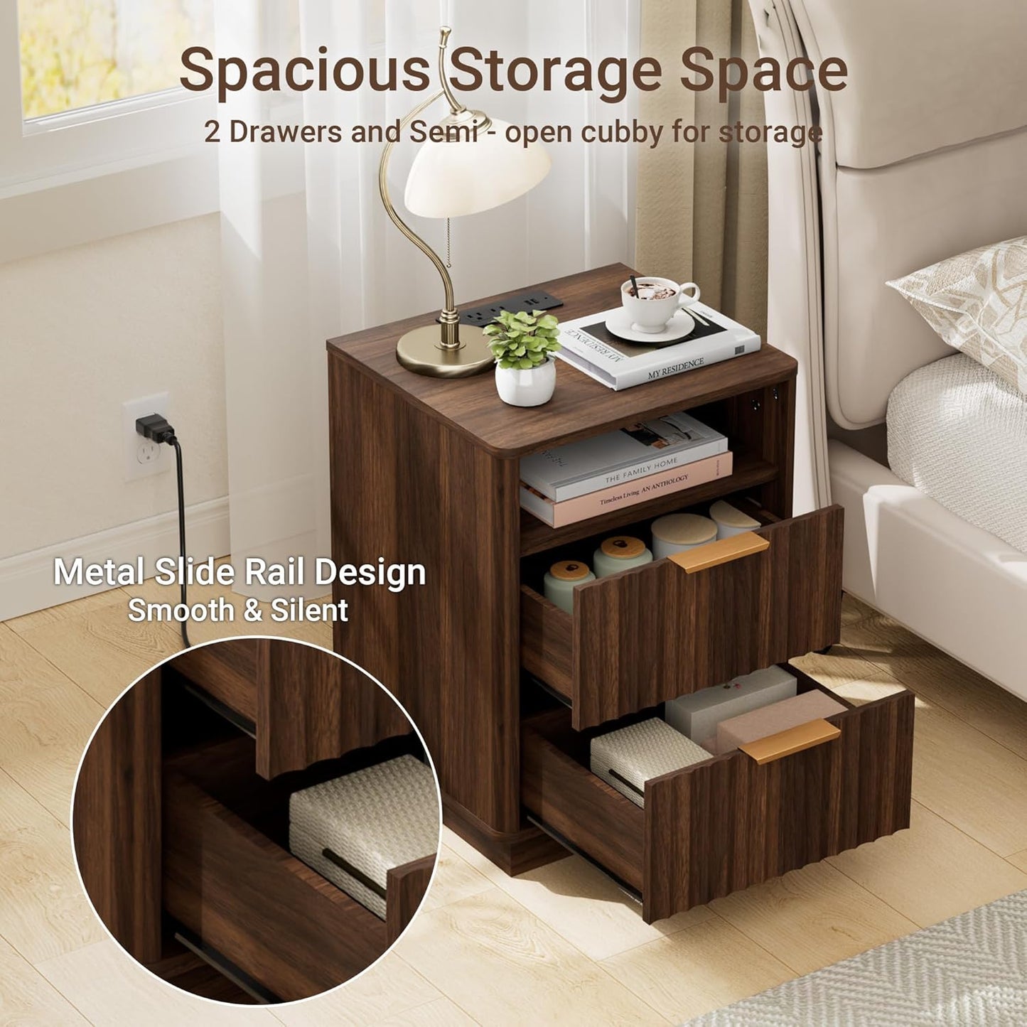 Fluted Night Stand Set of 2 with Charging Station, 18 inch Mid-Century Modern Nightstand, 2 Drawers End Table with Storage, Bedside Table for Bedroom Home Office, Curved Profile, Walnut
