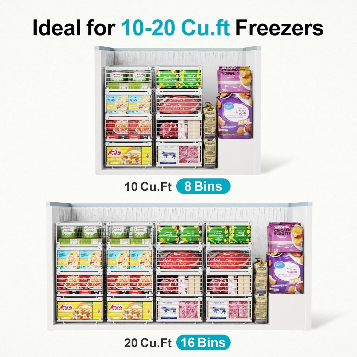 iSPECLE Freezer Organizer Bins - Fit 10 to 20 Cu.FT Deep Freezer, 4 Pack Large Expandable Stackable Chest Freezer Organizer Sort Frozen Food and Easily Get with Handle, Improve Air Circulation, White