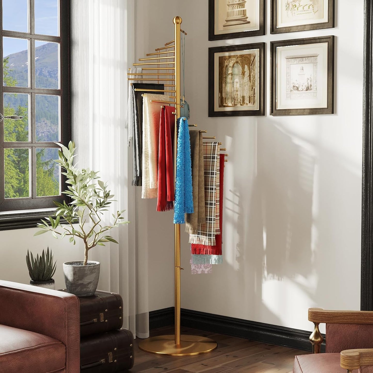 Spiral Scarf Rack, Metal Freestanding Scarf Organizer with 30 Rods, Commercial Hijab Organizer Stand for Home Clothing Store, Space Saving Shelves (Gold)
