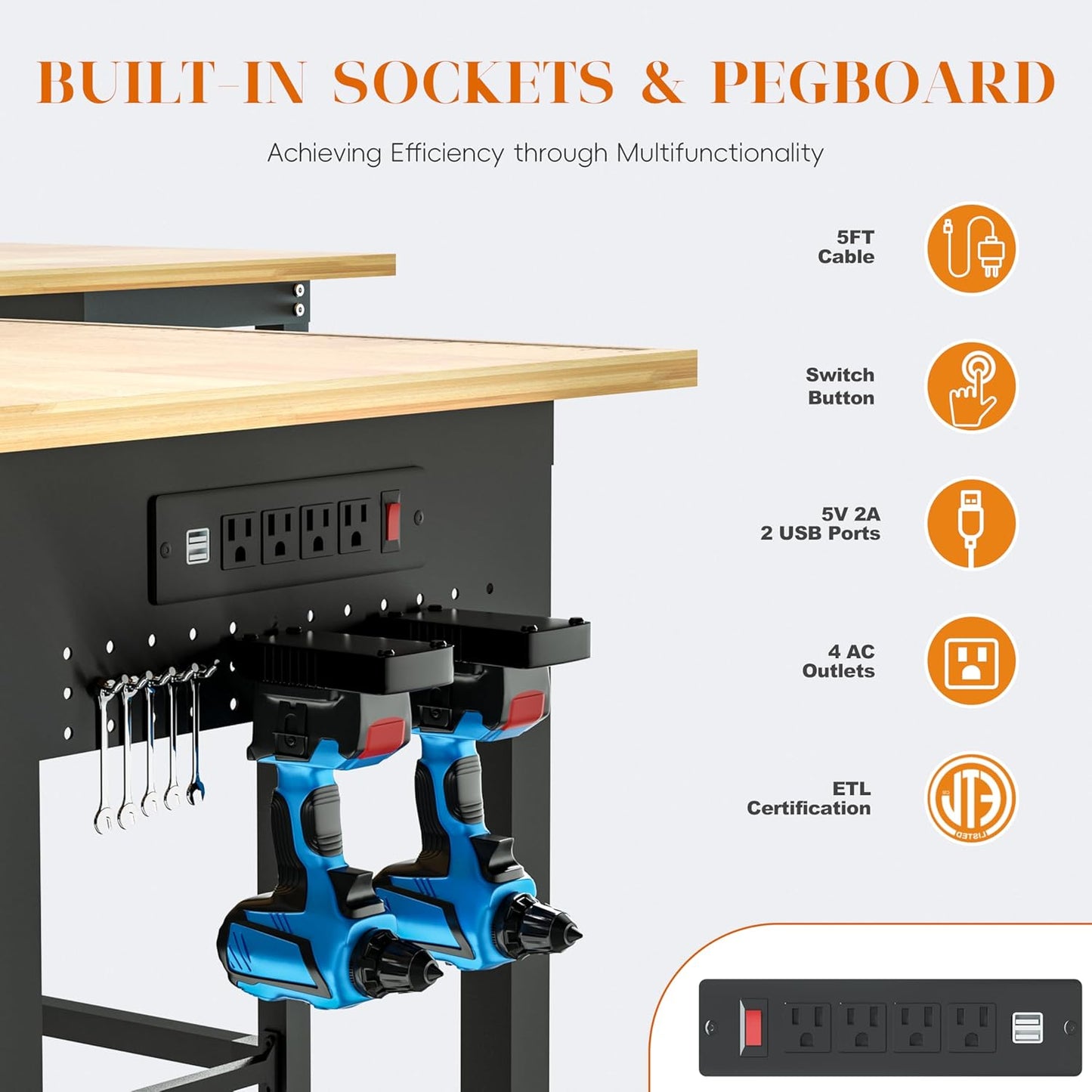Betterhood 48"/60" Heavy-Duty Adjustable Workbench for Garage, Rubber Wood Shop Table,Hardwood Workstation Weight Capacity Over 1500 Lbs (Rubber Pad/Power Outlets/Ruler/63 x21.7 x35.8)