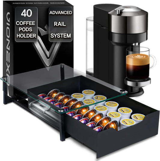 Coffee Pod Holder with Rail Drawer for Nespresso – 40 Pods Capacity for Nespresso Vertuoline & K-cups Capsule – Tempered Glass and Anti-Slip Base Metal Coffee Pods Organizer 16.14x11.81x3.94