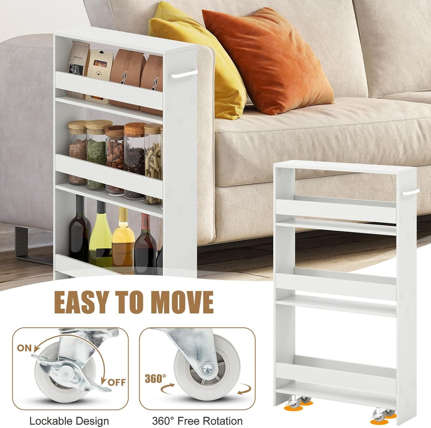 Giantex Slim Storage Cart 4 Tier, Rolling Narrow Island Cart, Side Cabinet w/Handle, Space Saving Trolley, Kitchen Utility Cart Tower Rack for Dining Room Laundry Room Bathroom, White
