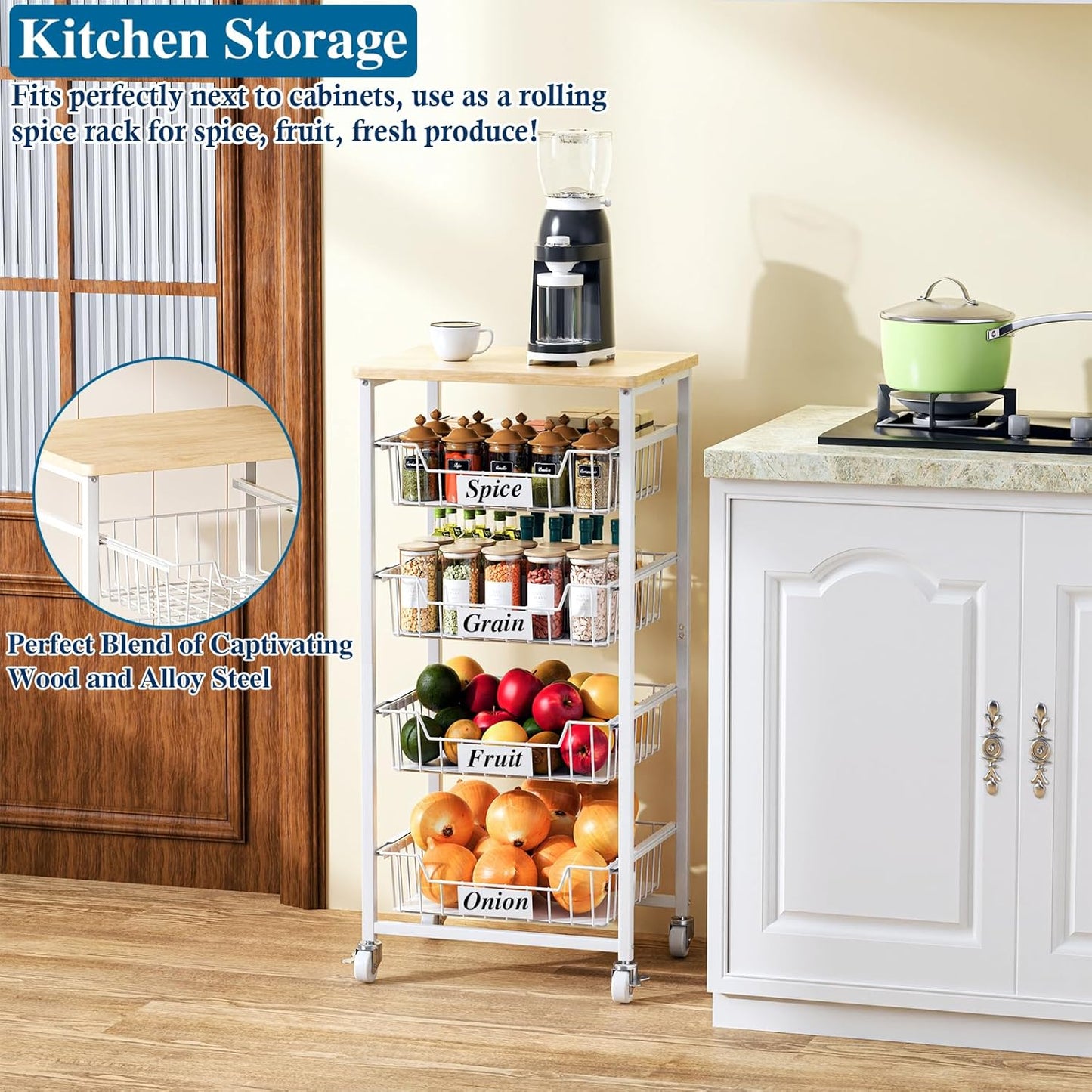 5-Tier Small Kitchen Storage Cart on Wheels with Pull-Out Drawers, Rolling Pantry and Snack Organizer Cart with Wood Top, Kitchen Floor Fruit Basket Stand for Fruit Potato Onion Veggie Snack
