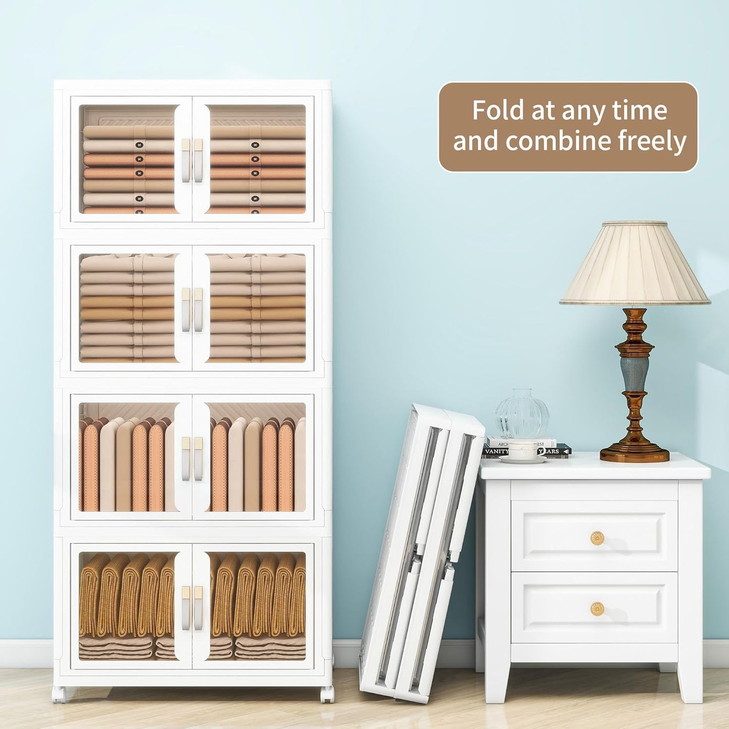 Large Clear Stackable Storage Bins with 2 Lids, Foldable Storage Cabinet for Closet Organizers and Storage, Plastic Storage Box with Wheels 597 QT
