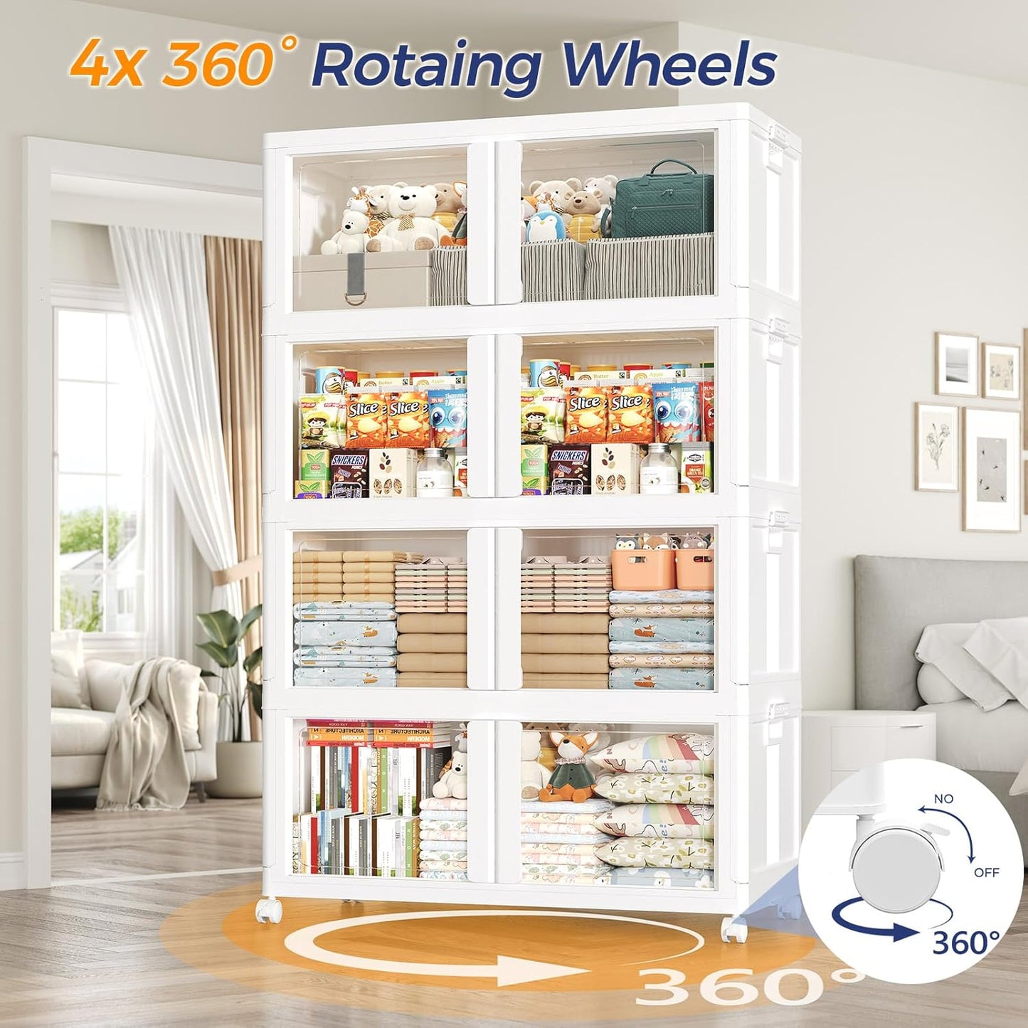 600Qt Stackable Storage Bins with Lid and Wheels, 150Gal Plastic Closet Organizer and Storage Drawer, Large Collapsible Storage Box Cabinet with Clear Door for Home Kitchen Office, 5Pack White