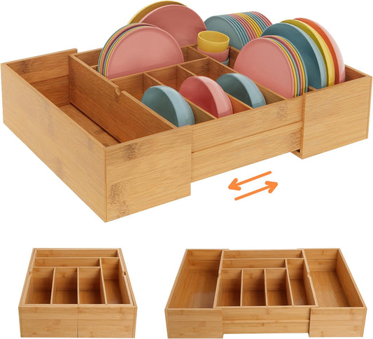 BAMEOS 3.9inch Tall Bamboo Drawer Organizer, Expandable Utensil Holder with 8 Compartments, Adjustable Kitchen Drawer Divider for Flatware, Silverware and Gadgets, Deep Storage for Home and Office