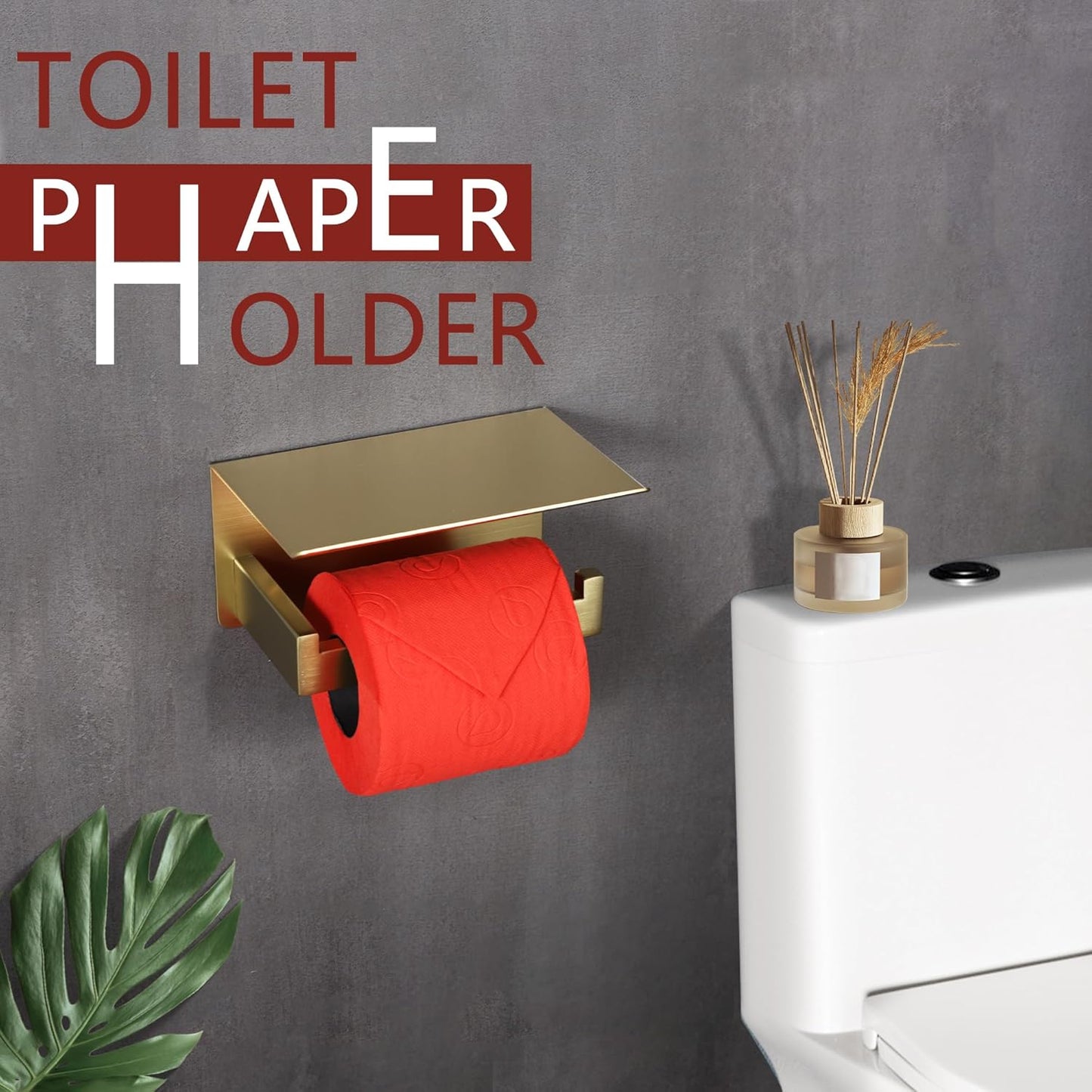 LANC Gold Toilet Paper Holder with Shelf Brushed Gold Toilet Tissue Roll Holder with Phone Shelf for Bathroom Wall Mounted and Self-Adhesive Toilet Paper Roll Holder Stainless Steel, A8367BG