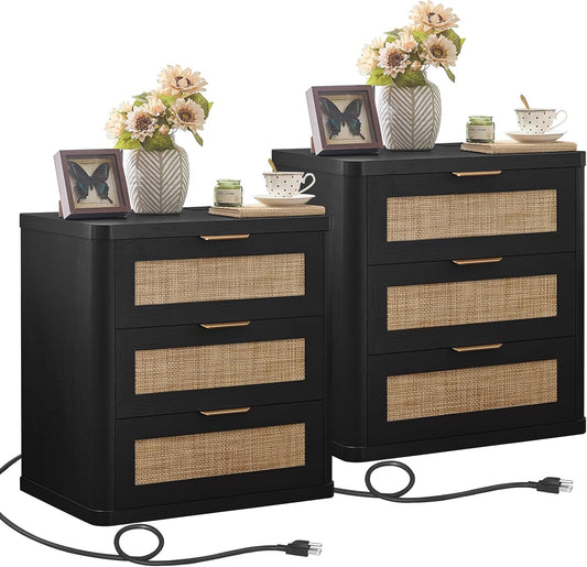 LEYAOYAO Rattan Night Stand Set of 2 with Charger Station, 23" Large 3 Drawer Boho Nightstand, Black Bedside Table Storage Cabinet, Bed Side End Tables for Bedroom, Living Room, Hallway