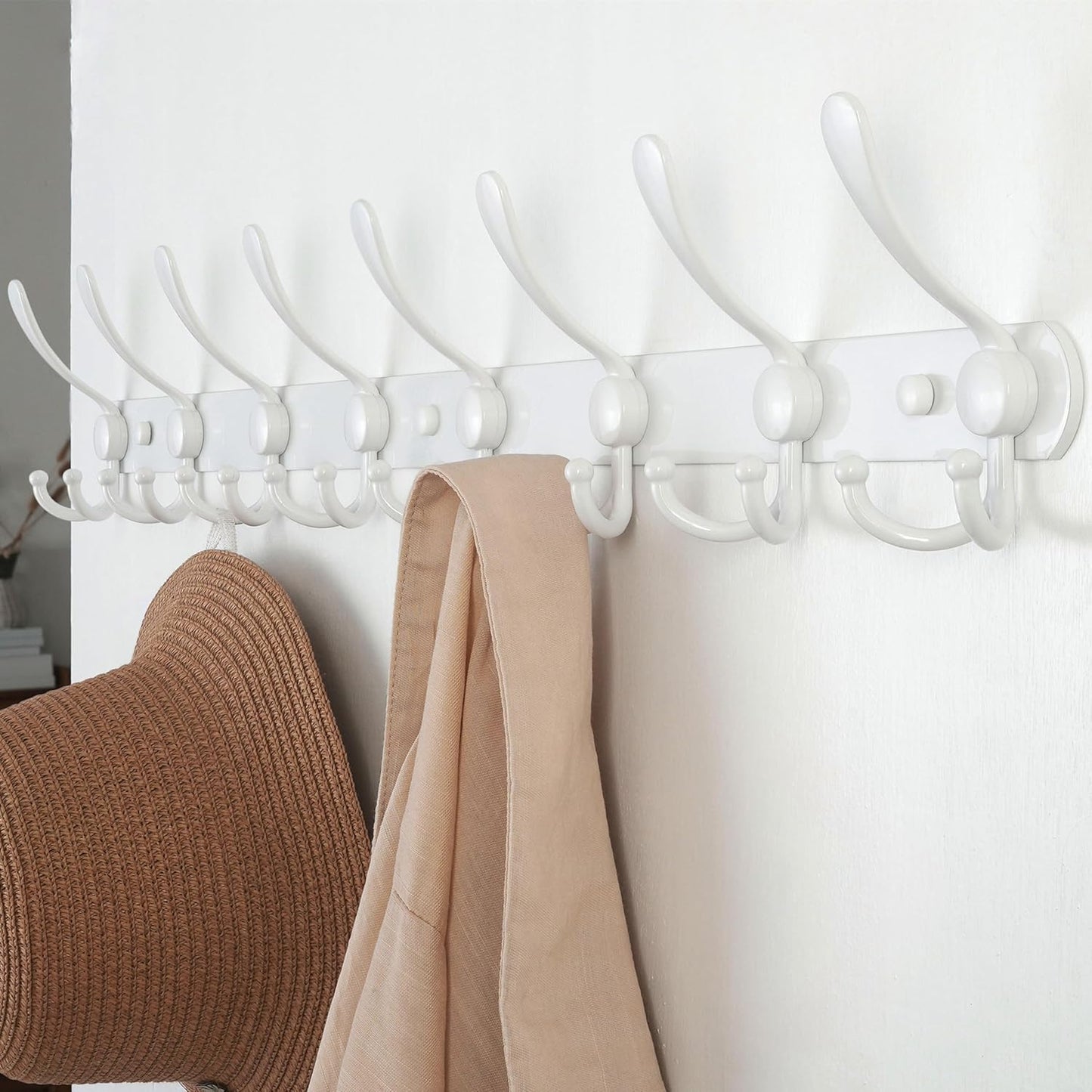 Dseap Coat Rack Wall Mount - 29.5” Long 8-Tri-Hooks Heavy Duty Coat Hanger Rail Wall Hooks for Hanging Coats Hats Clothing Clothes Purse Mudroom Entryway, White