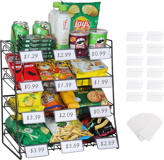 4-Tier Black Stackable Candy Display Rack, Snack Organizer For Countertop, Stores, Offices with 12 Signs and 30 Labels (Black-1 Pack)