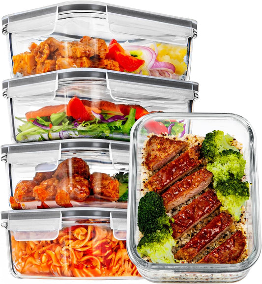 Vtopmart 5Pack 30oz Glass Storage Containers with Lids, Glass Meal Prep Food Container Sets with Snap Airtight Lids for Microwave, Oven, Freezer and Dishwasher, Grey