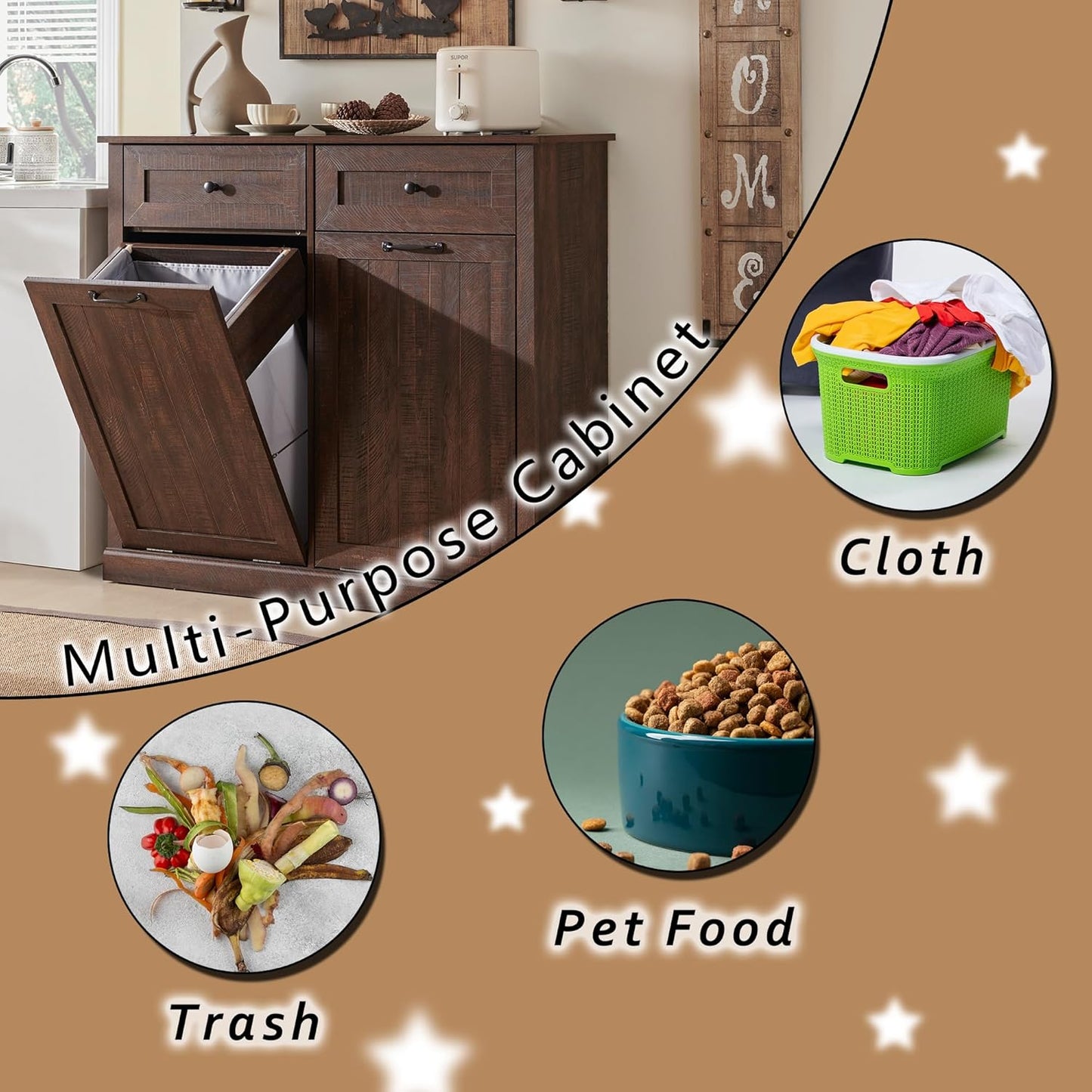 Double Tilt Out Trash Cabinet, 20 Gallon Farmhouse Laundry Hamper Cabinet with 2 Drawers, Hidden Wooden Trash Can Cabinets with Storage Basket for Kitchen, Living Room (Brown)