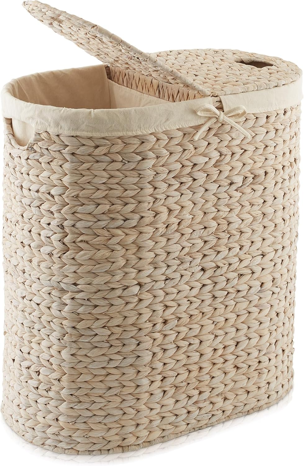 Casafield Oval Laundry Hamper with Lids and Removable Liner Bags - Whitewash, Woven Water Hyacinth 2-Section Laundry Basket Sorter for Clothes, Towels