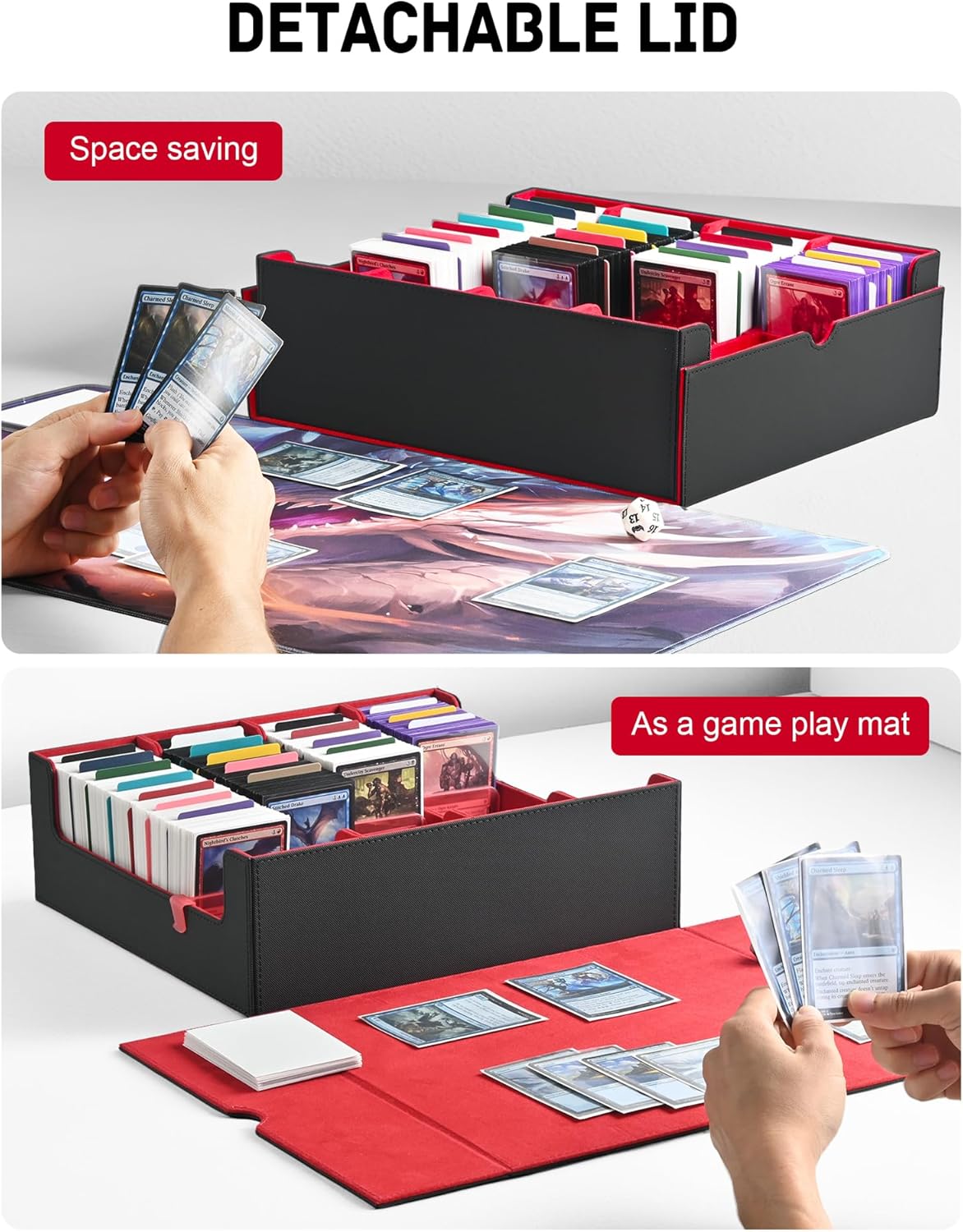 ZLCA Card Storage Box for MTG PTCG, Commander Deck Box Holds 3200+ Cards, Trading Card Storage Case with 4 Stoppers, Card Organizer for TCG Sport Cards(Black&Red)