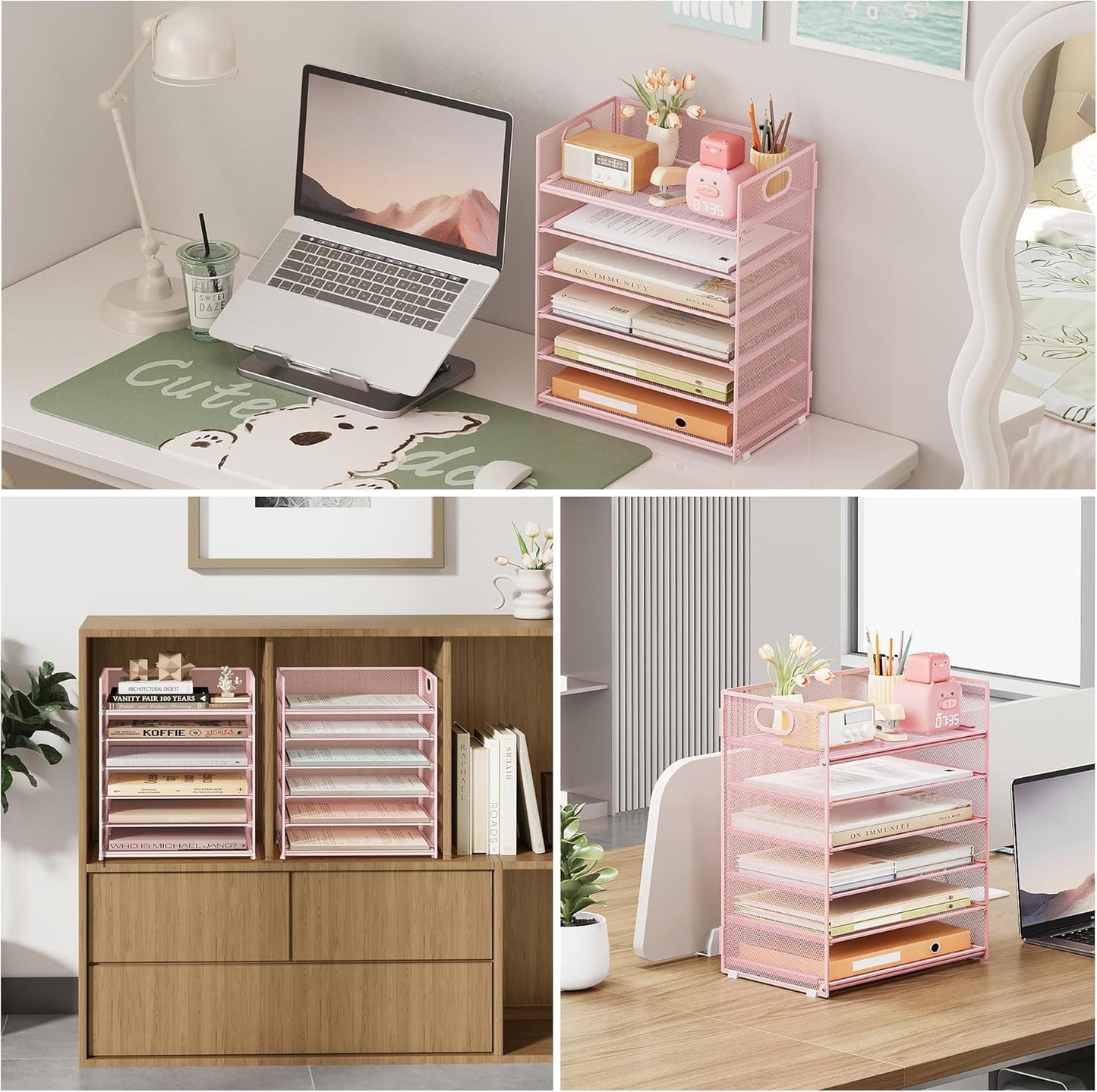 Subekyu 6-Tier Desk Paper Organizer, Desktop File Letter Tray with Handle, Document Sorter and Accessories Holder for Office, Home and School Workspace Organizers, Pink-2 Pack