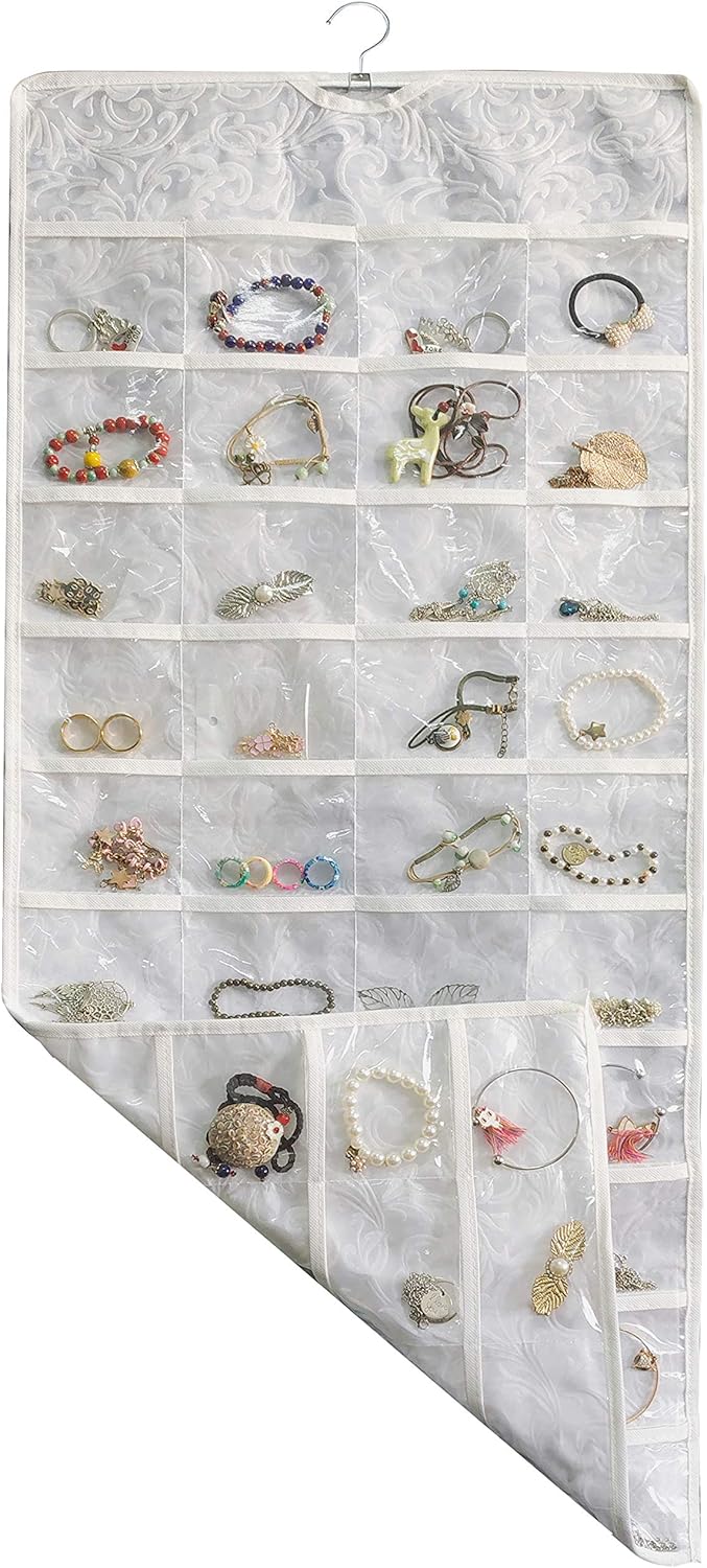 BB Brotrade Hanging Jewelry Organizer, Double-Sided Jewelry Storage Organizer with Embossed Pattern, 80 Clear PVC Pockets for Holding Jewelries (White)