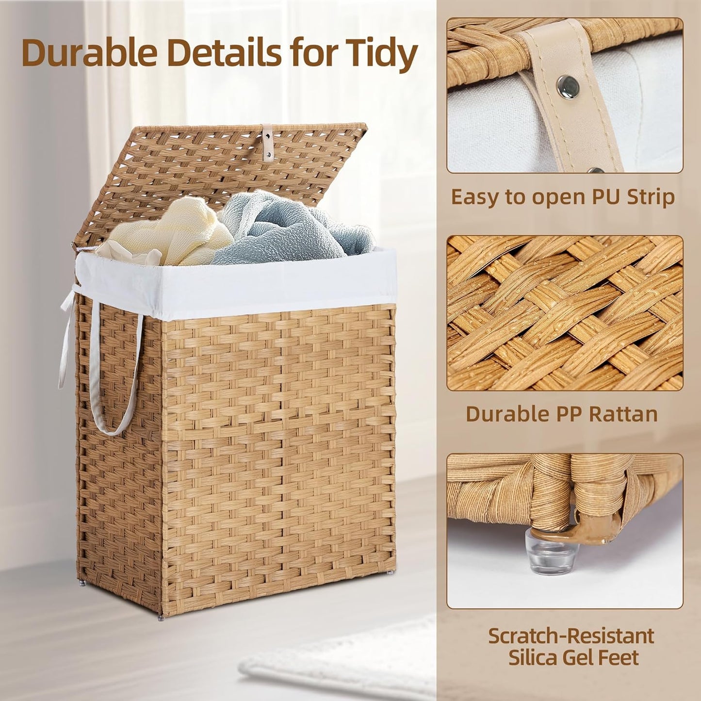 Woven Laundry Basket with Lid, Large Hamper with Removable and Machine-Washable Liner, Foldable Rattan Clothes Hamper, Sturdy Steel Frame, Odor Control, 90L Capacity, Goose Yellow