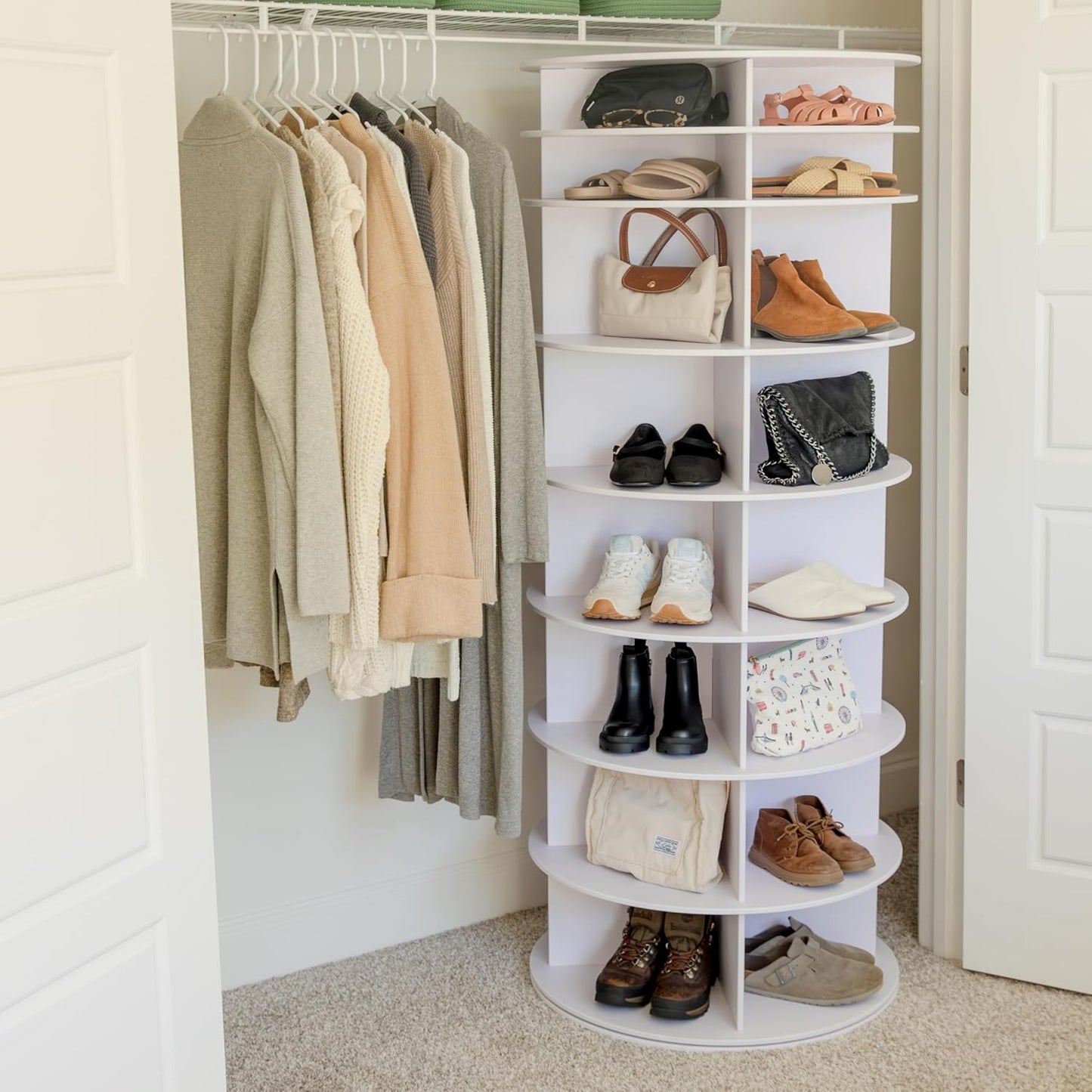 Rotating Shoe Rack Tower 360-32 Pair, 8 tiers, Reachable Spinning Shoe Rack Tower. Rotating Storage Tower, Bookshelf, handbag holder (8 Tier Standard Size) 5ft, 3in.