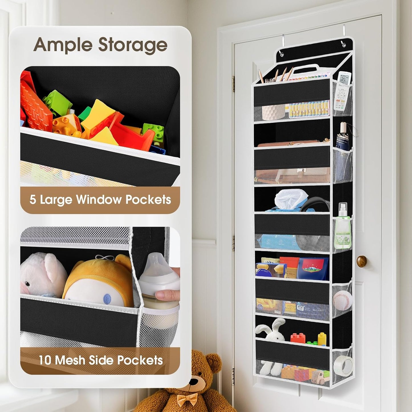 2 Pack Over The Door Organizer, Hanging Storage Organizer with Clear Window, 40lb Ultra Sturdy Large Capacity Room Organizer for Pantry Laundry Bathroom Nursery Closet (Black)